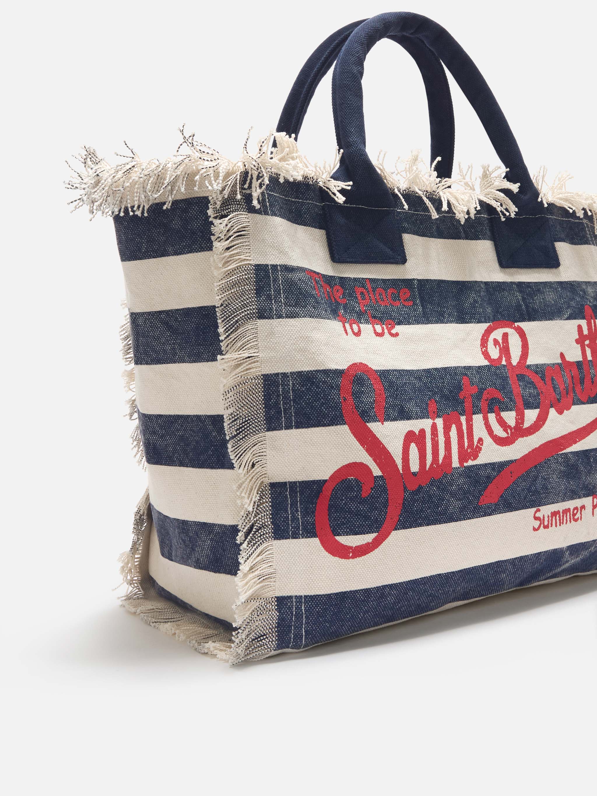 Borsa Vanity regular in canvas a righe orizzontali blu - Image 3