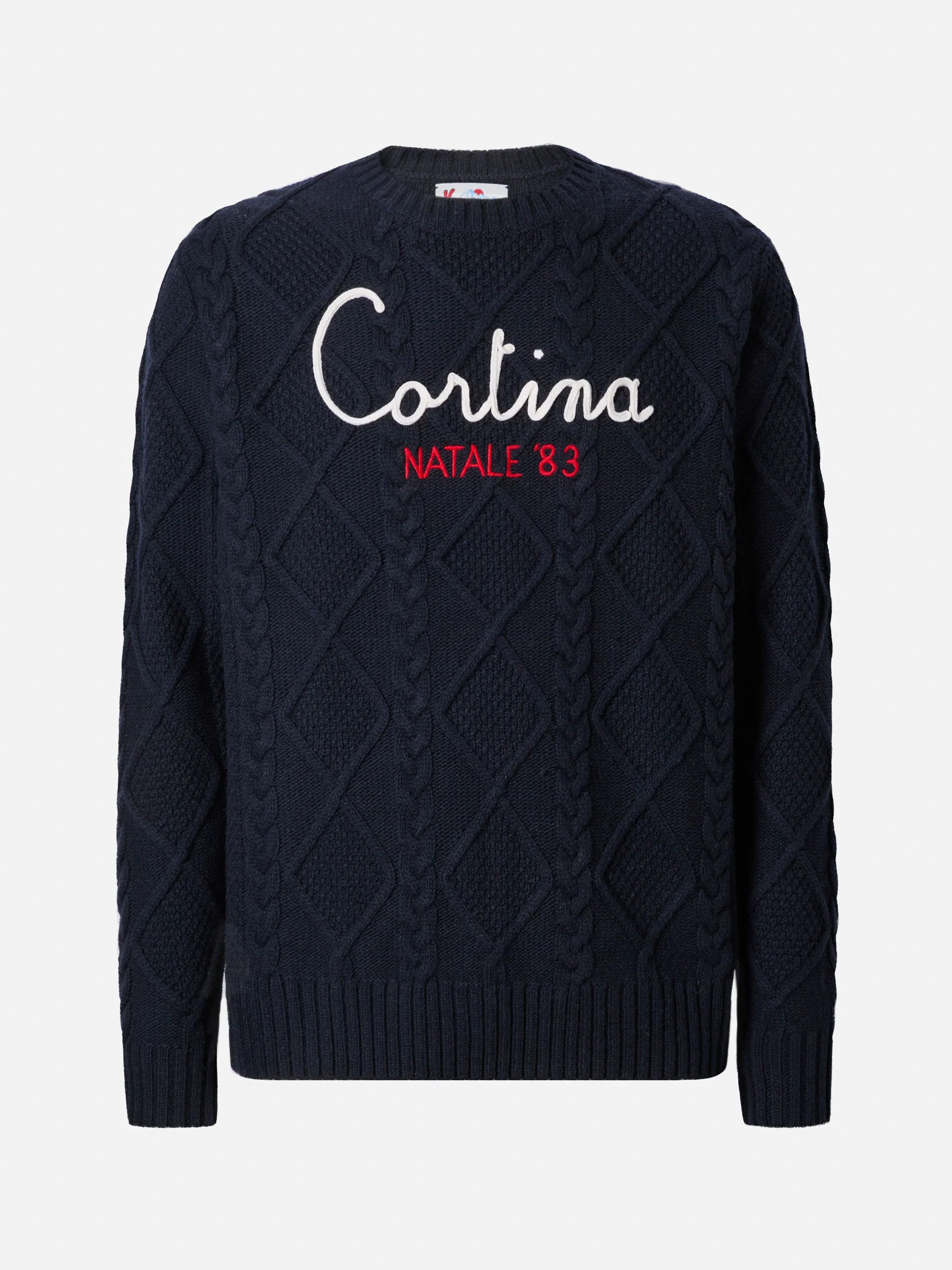 Maglione blu a girocollo Bergen Tricot con ricamo Cortina Natale '83 - Image 5