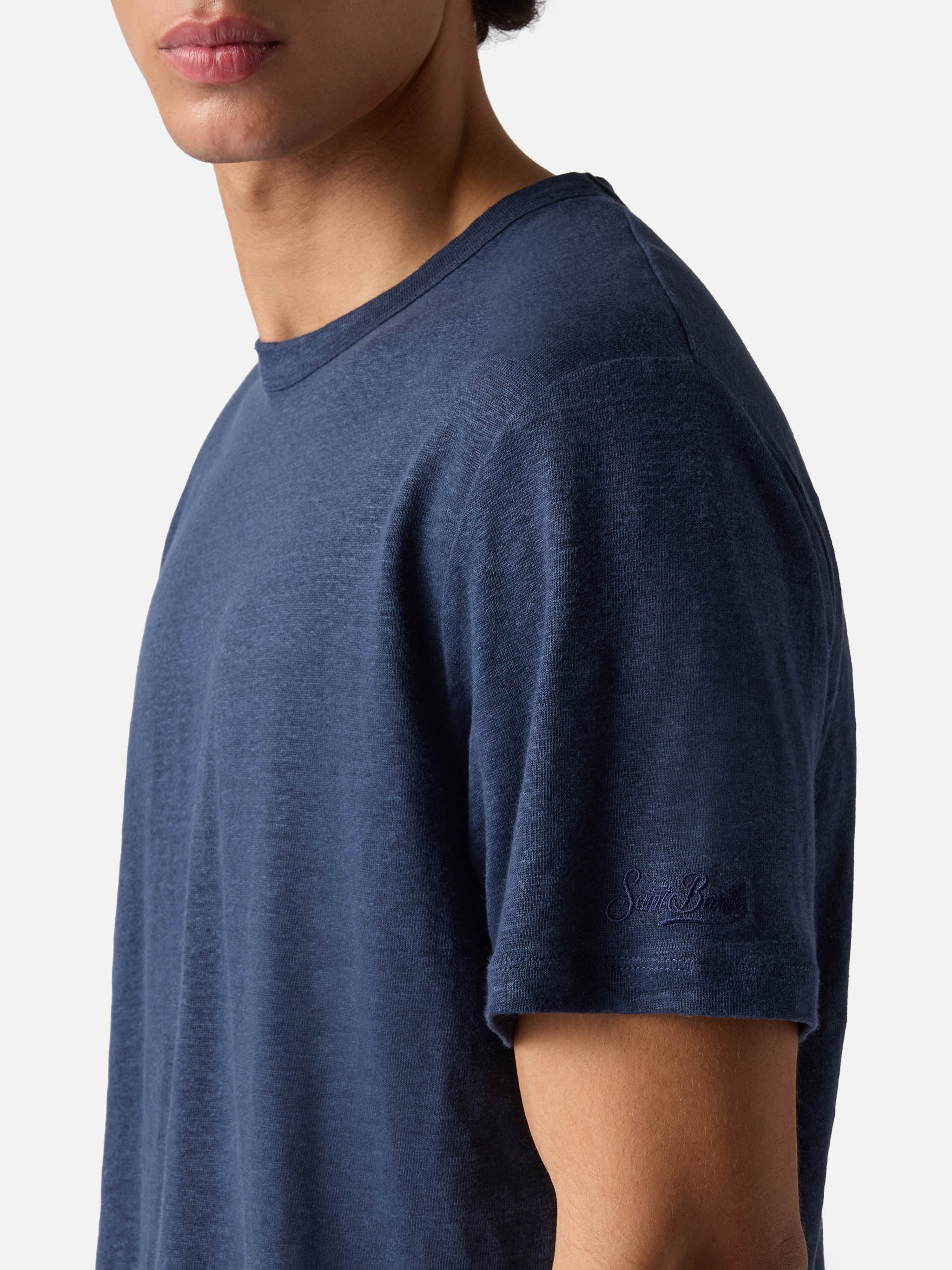 T-shirt Ecstasea in puro lino blu con logo ricamato - Image 3