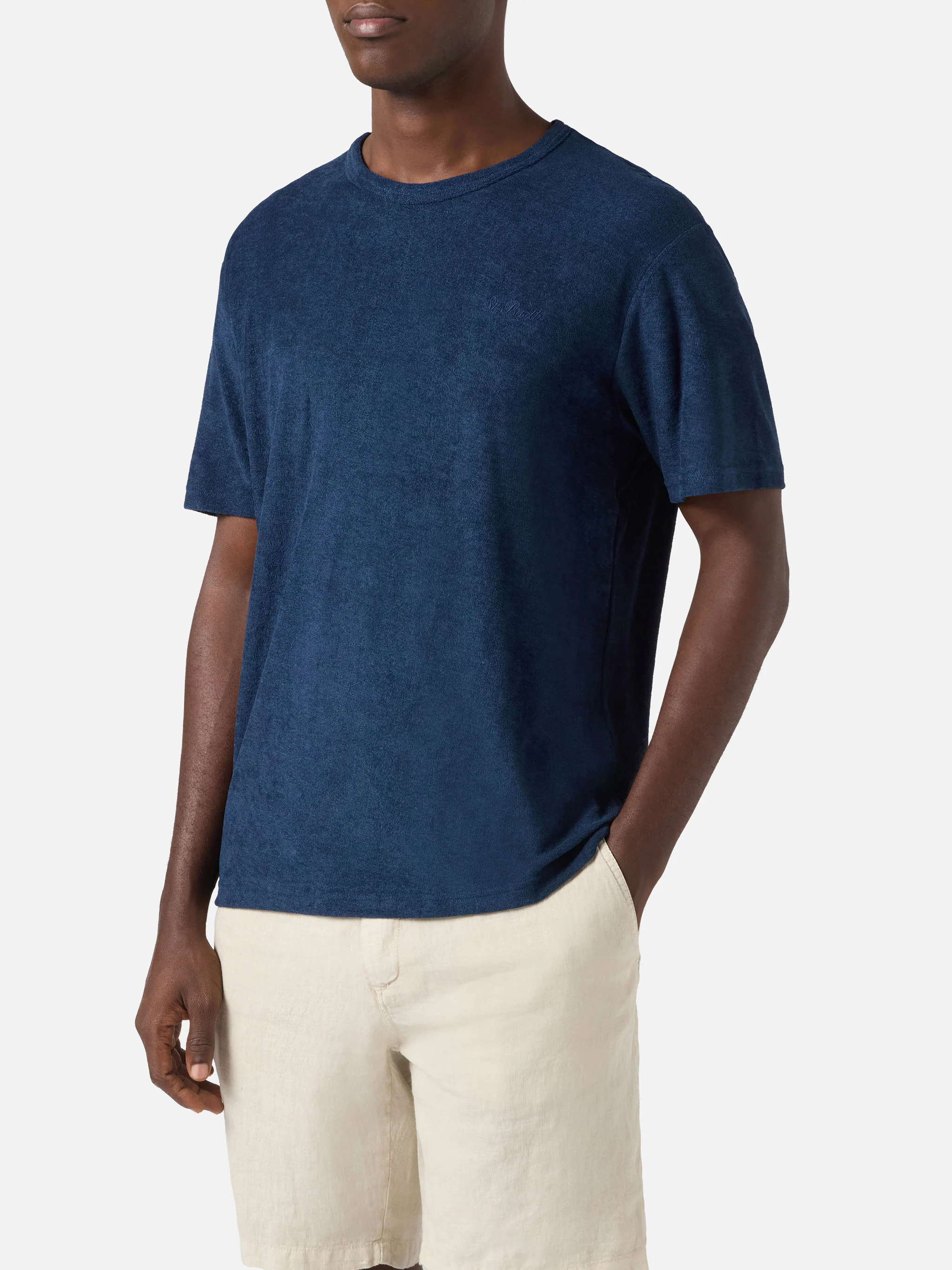 T-shirt Gary in cotone effetto spugna blu con ricamo logo - Image 2