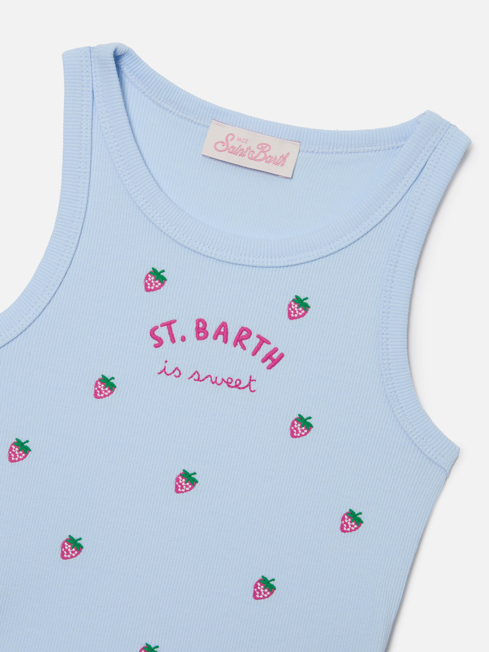 Top Blue Jr azzurro con ricami St. Barth is sweet e fragole - Image 2