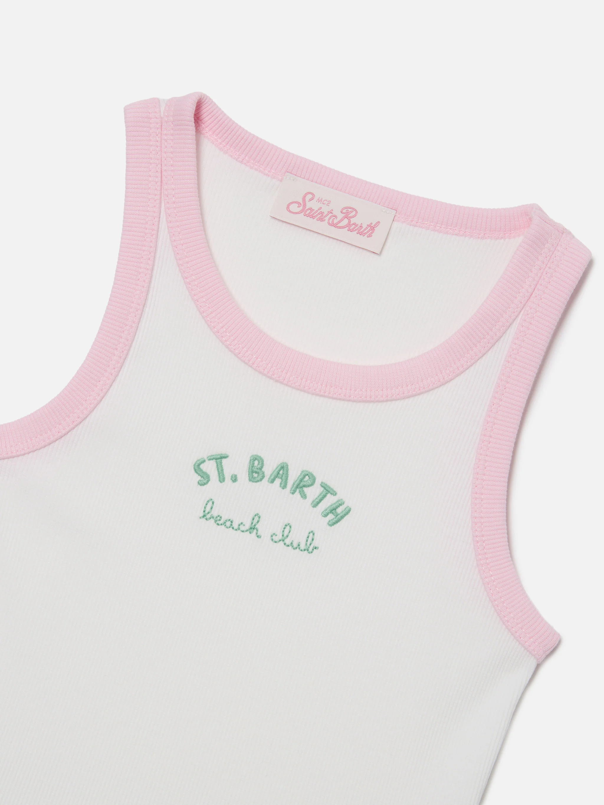 Top Blue Jr bianco con logo ricamato e profili rosa - Image 2