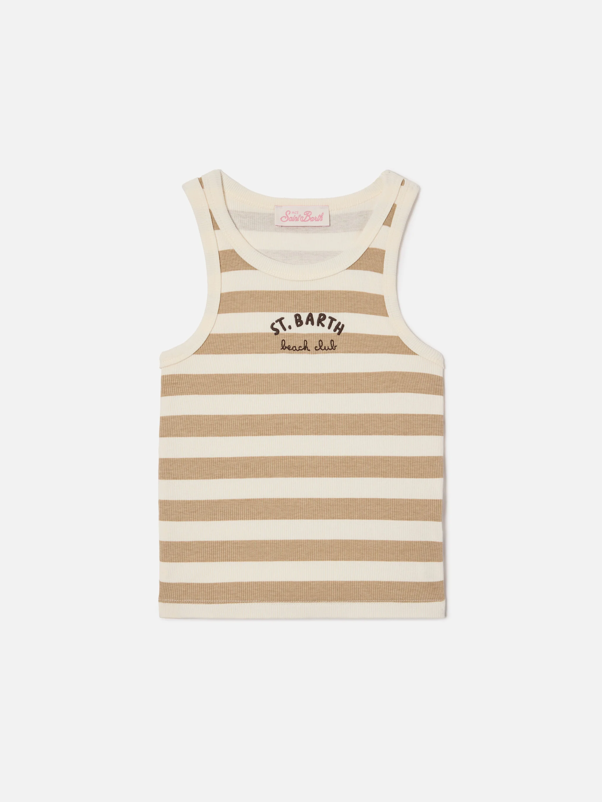 Top Blue Jr a righe beige e bianche con logo ricamato - Image 2