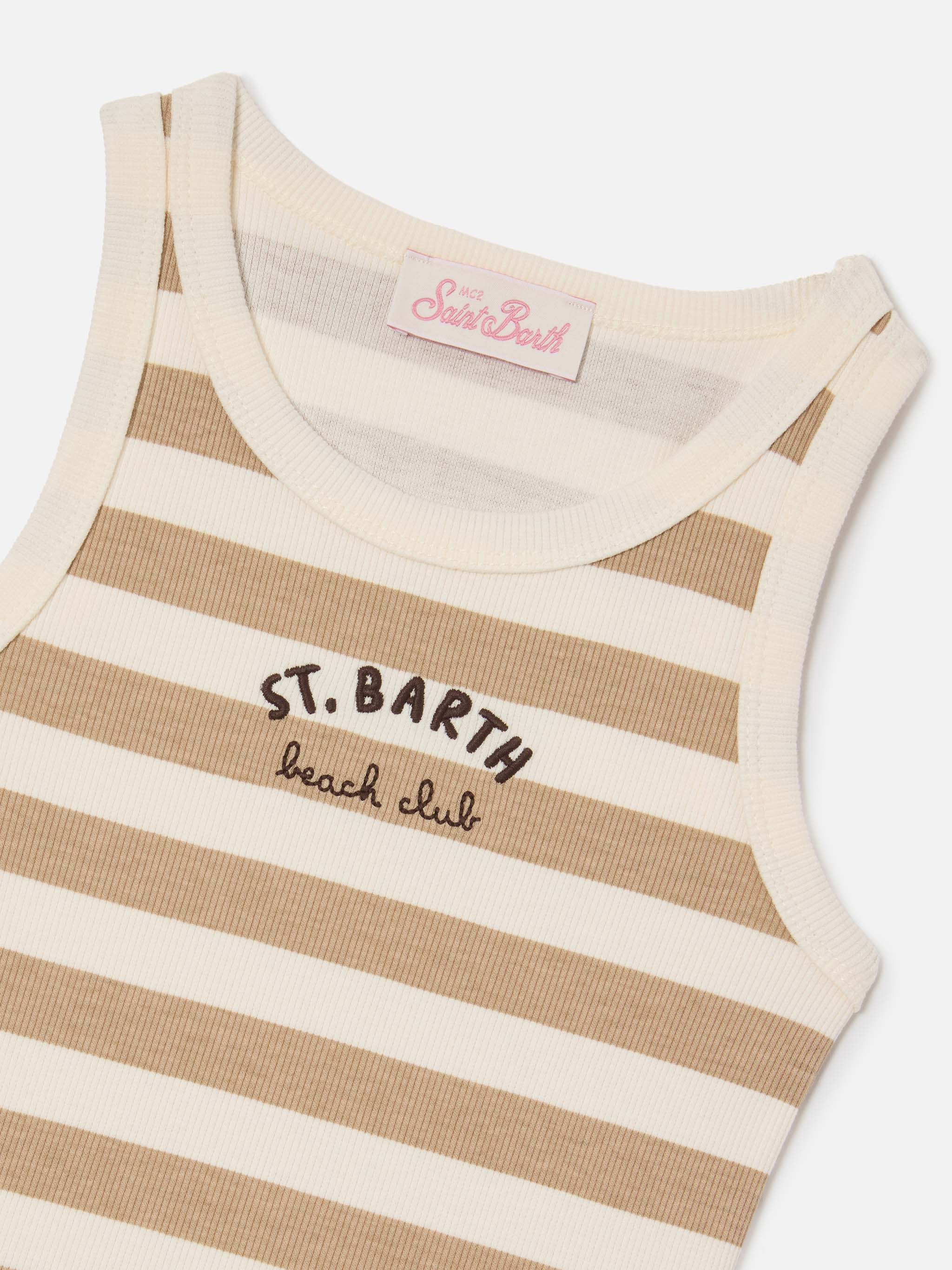 Top Blue Jr a righe beige e bianche con logo ricamato - Image 3