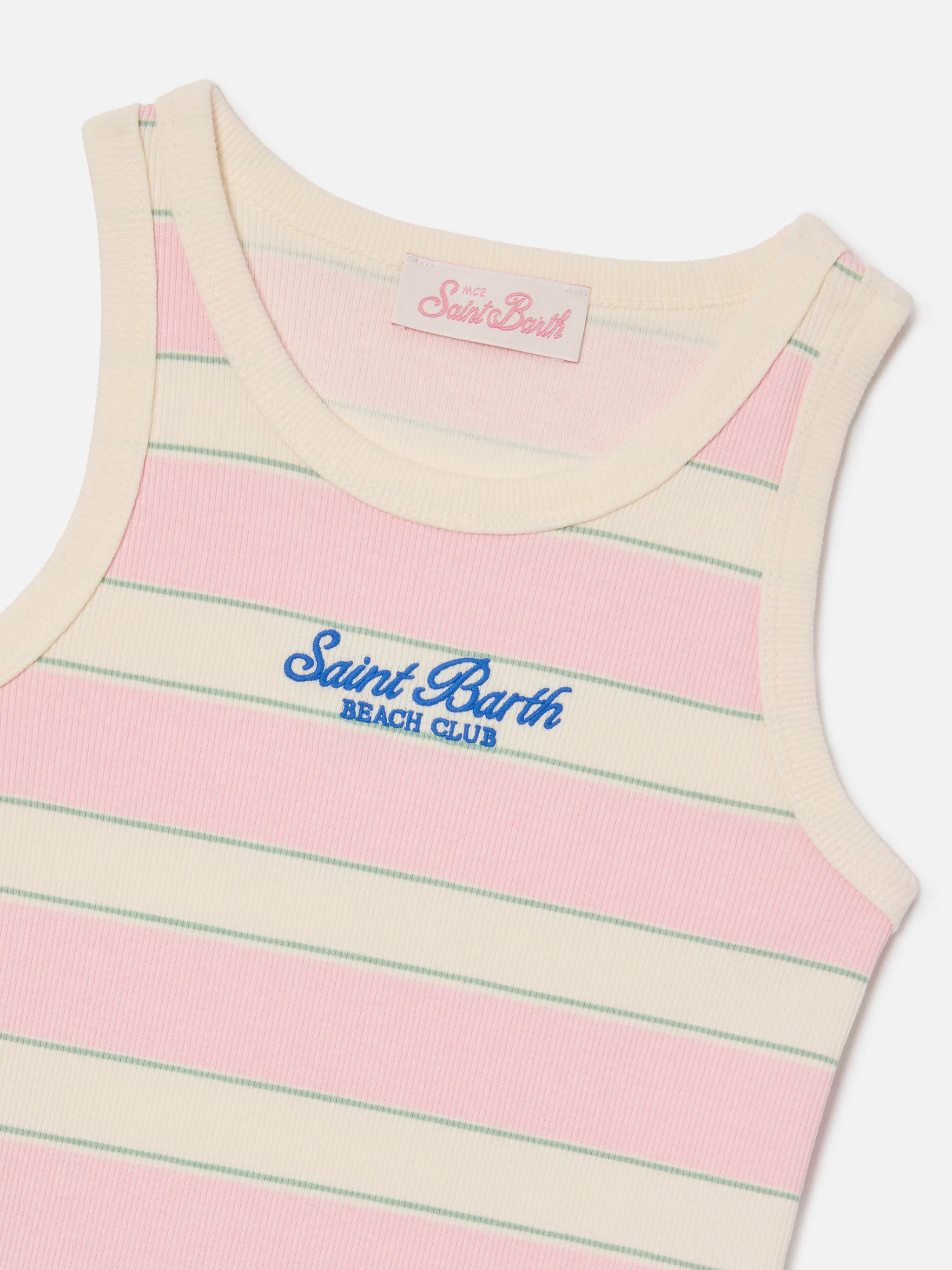 Top Blue Jr a righe rosa, bianche e verdi con logo ricamato - Image 3