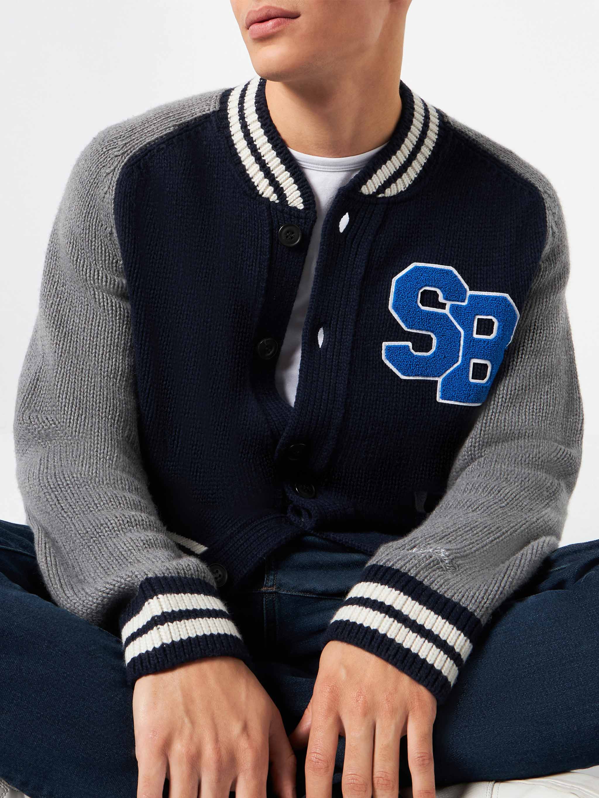 Bomber in maglia blu stile college - Image 2