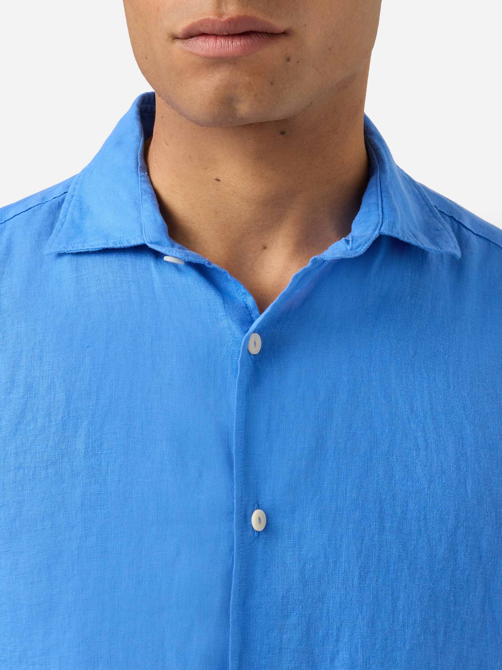 Camicia Pamplona in lino blu tinta unita - Image 2