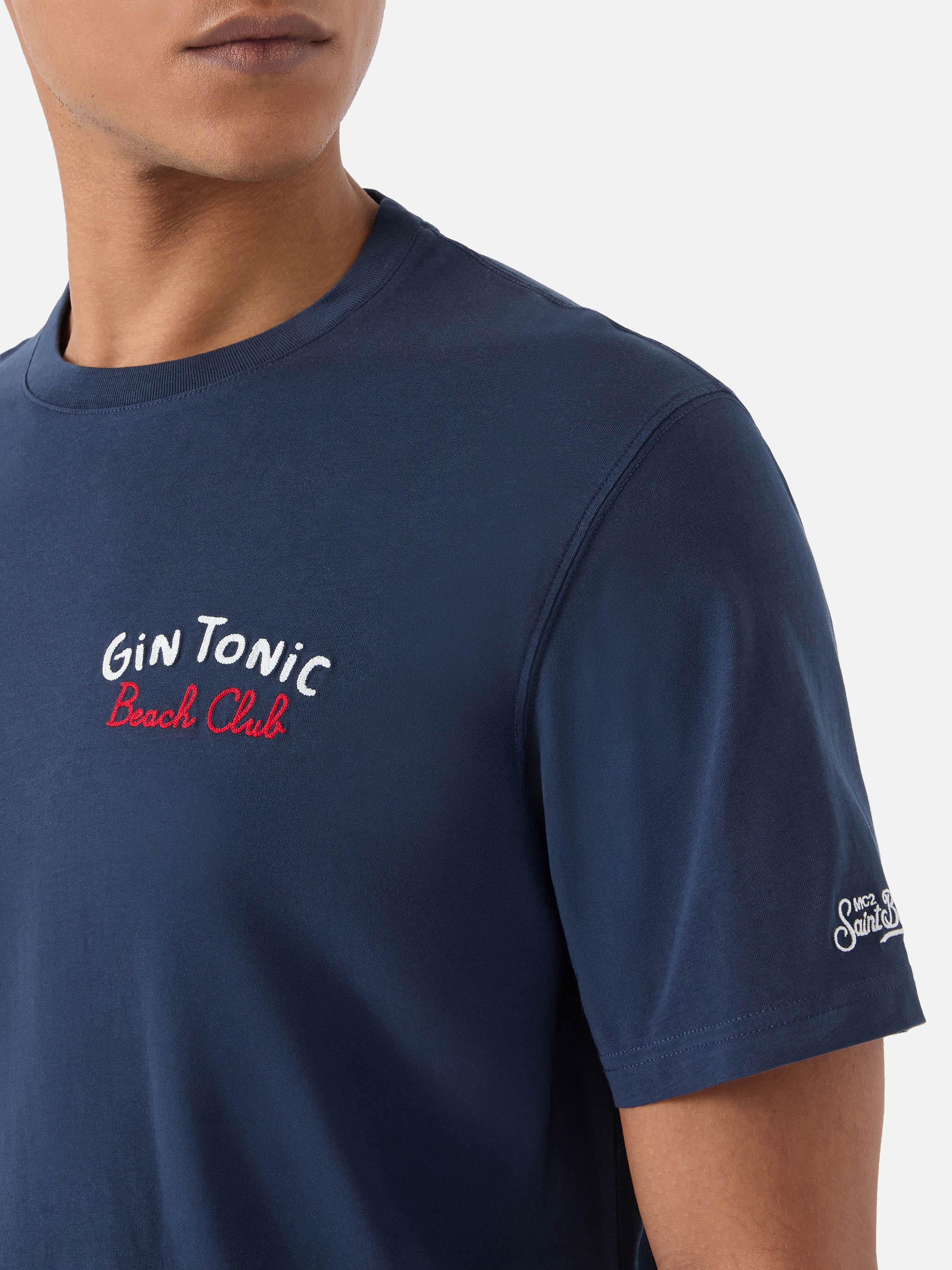 T-shirt Portland blu con ricamo Gin Tonic Beach Club fronte e retro - Image 2