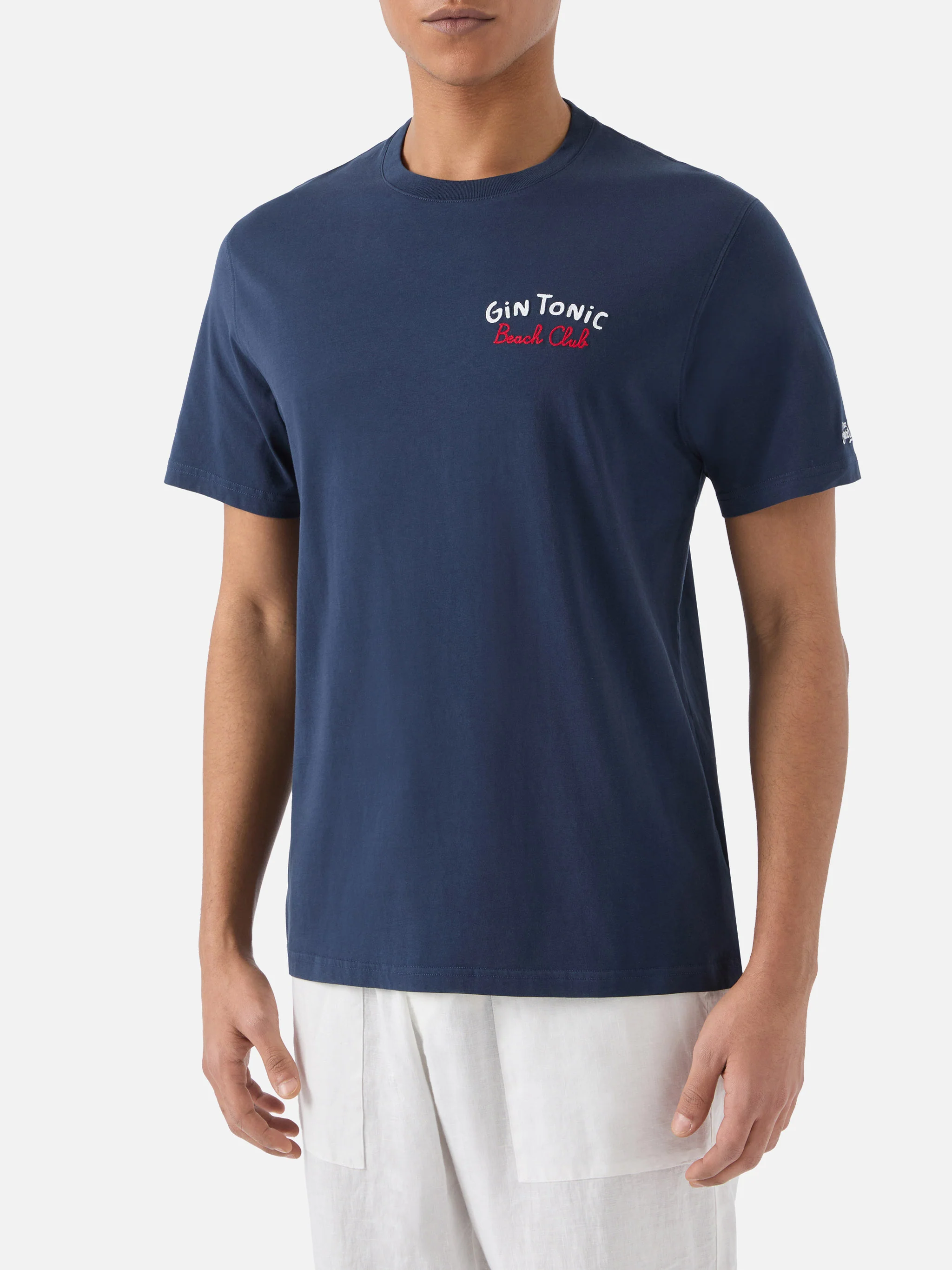 T-shirt Portland blu con ricamo Gin Tonic Beach Club fronte e retro - Image 3