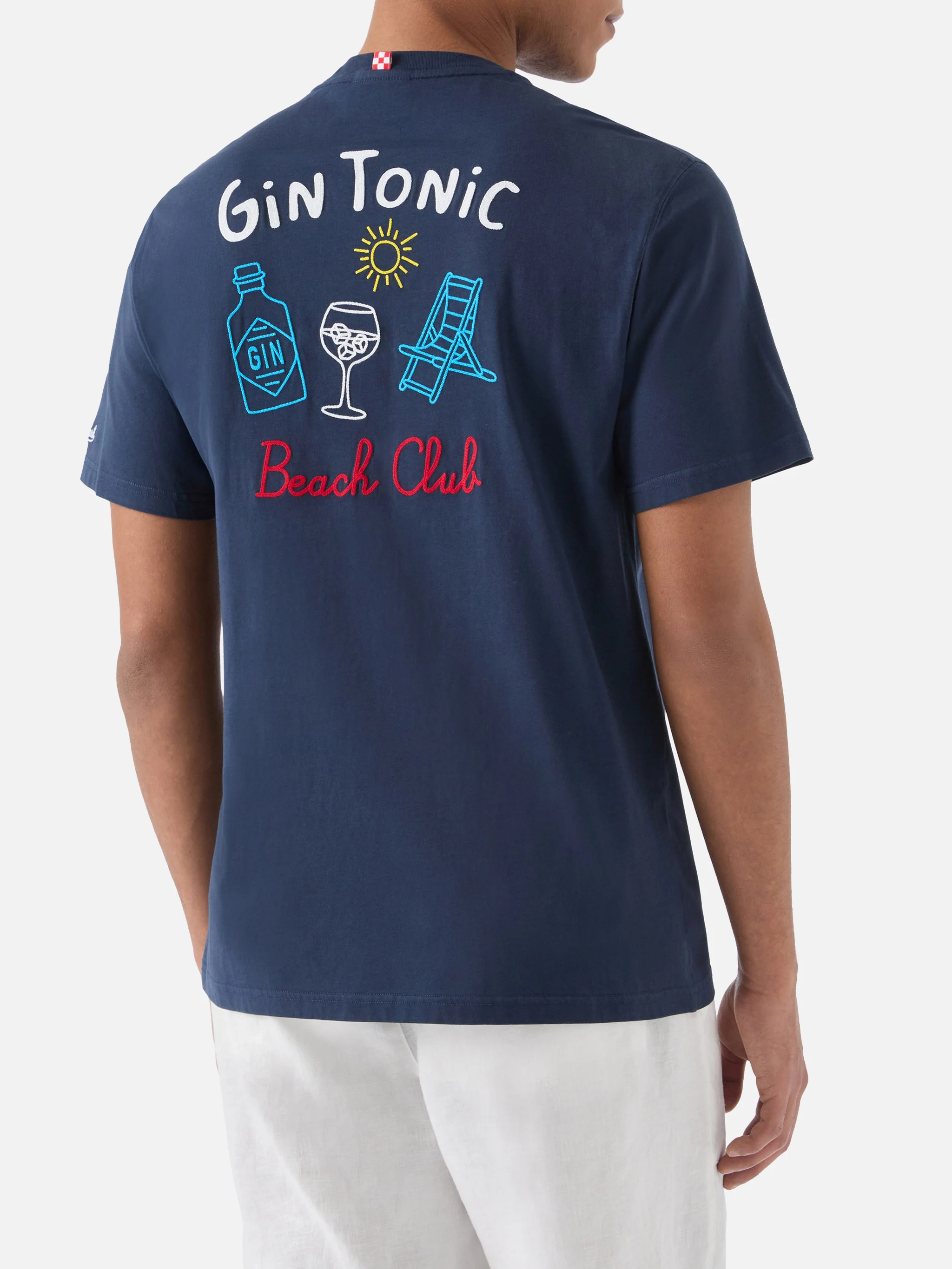 T-shirt Portland blu con ricamo Gin Tonic Beach Club fronte e retro - Image 4