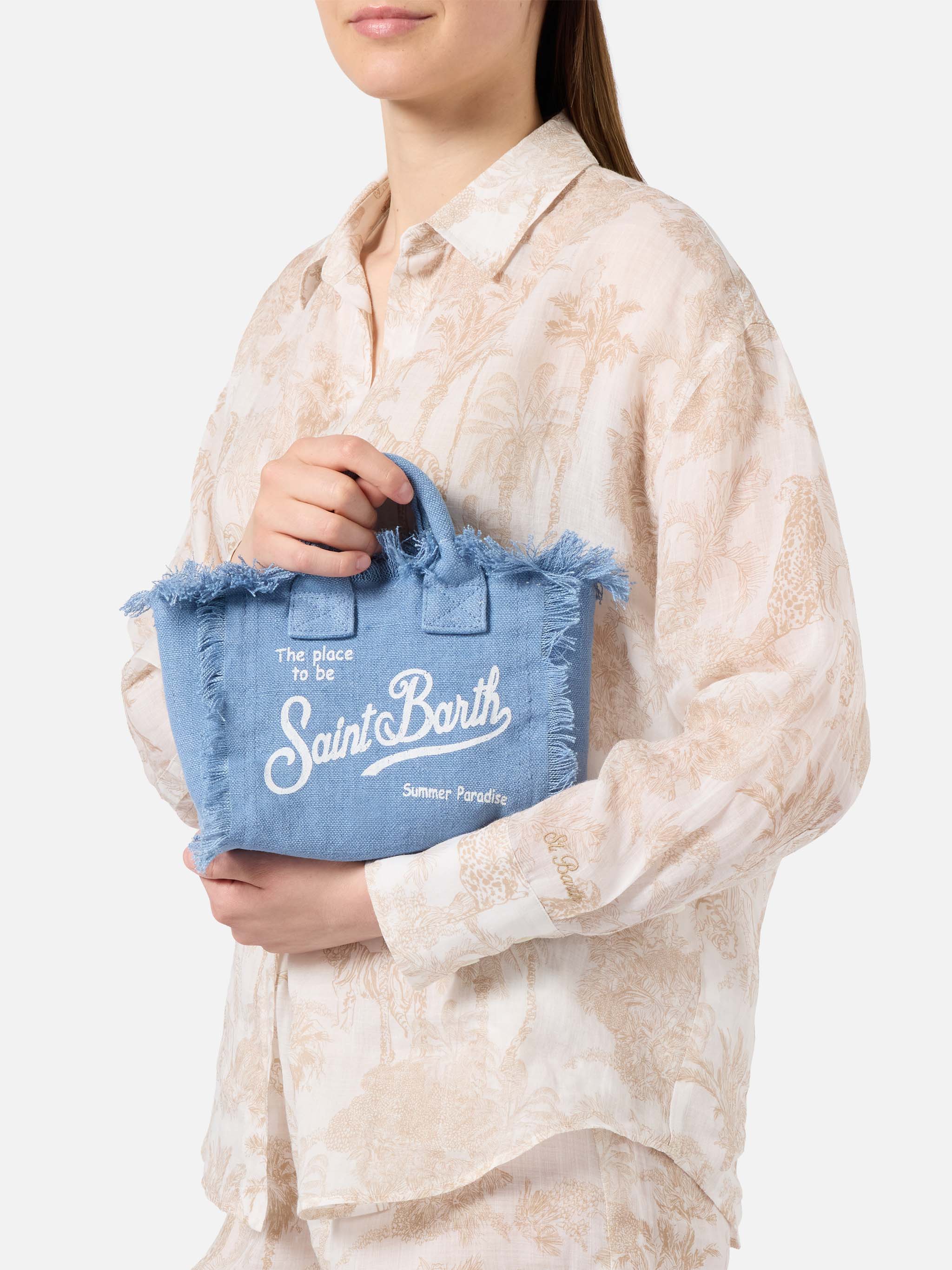Borsa Vanity mini in lino blu tinta unita con tracolla removibile - Image 2