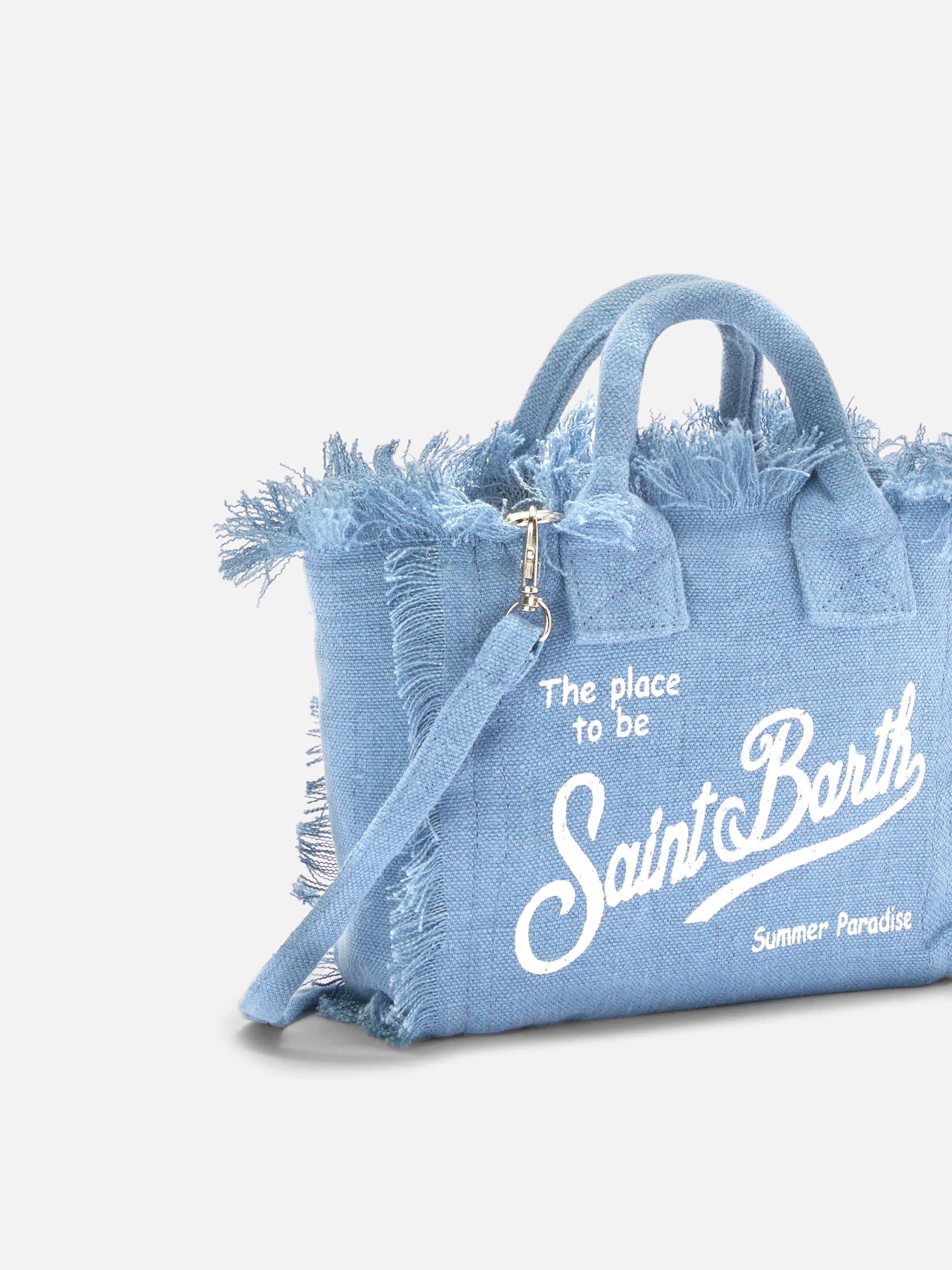 Borsa Vanity mini in lino blu tinta unita con tracolla removibile - Image 3