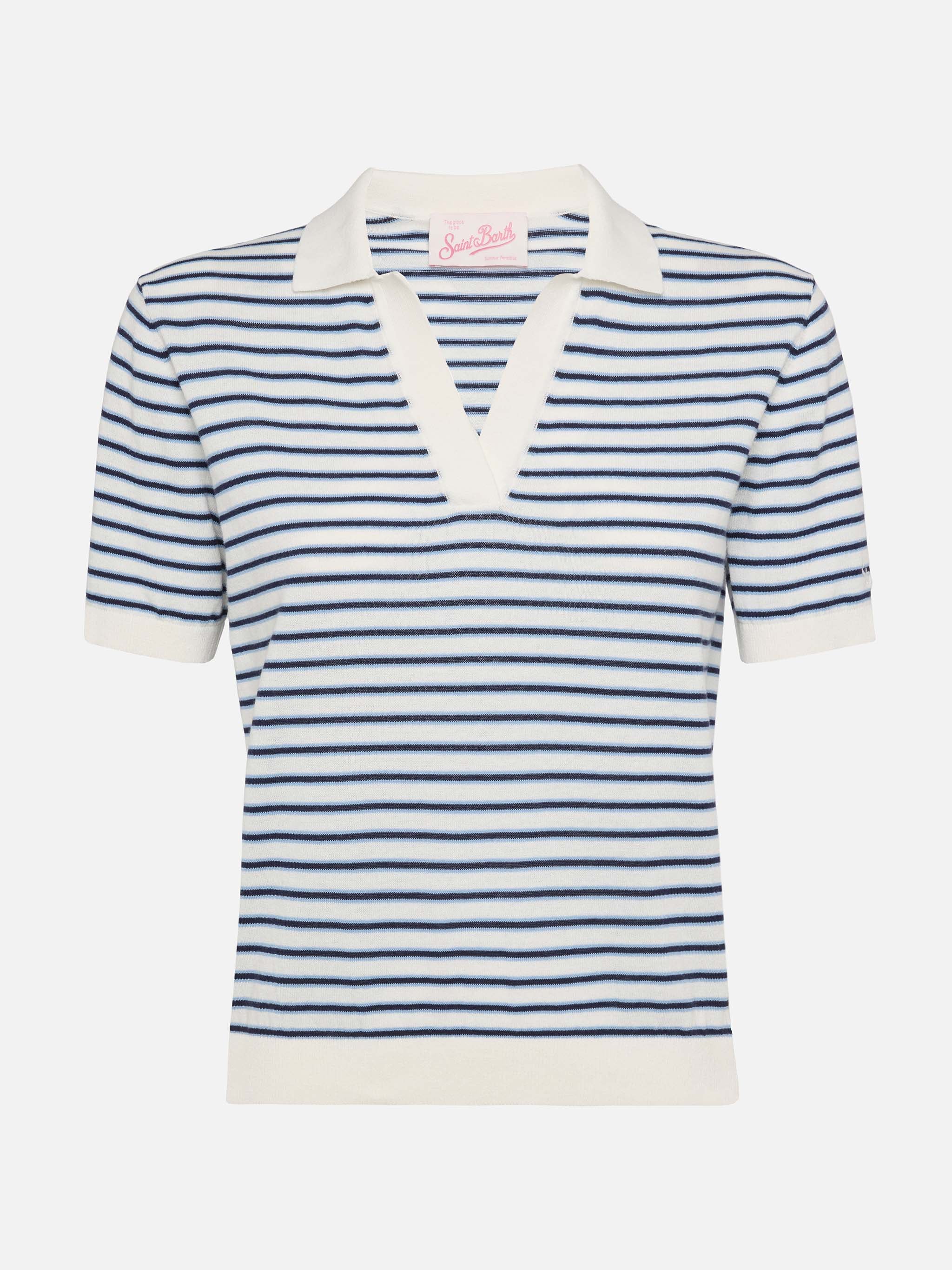 Polo Evonne lavorata a maglia a righe blu - Image 3