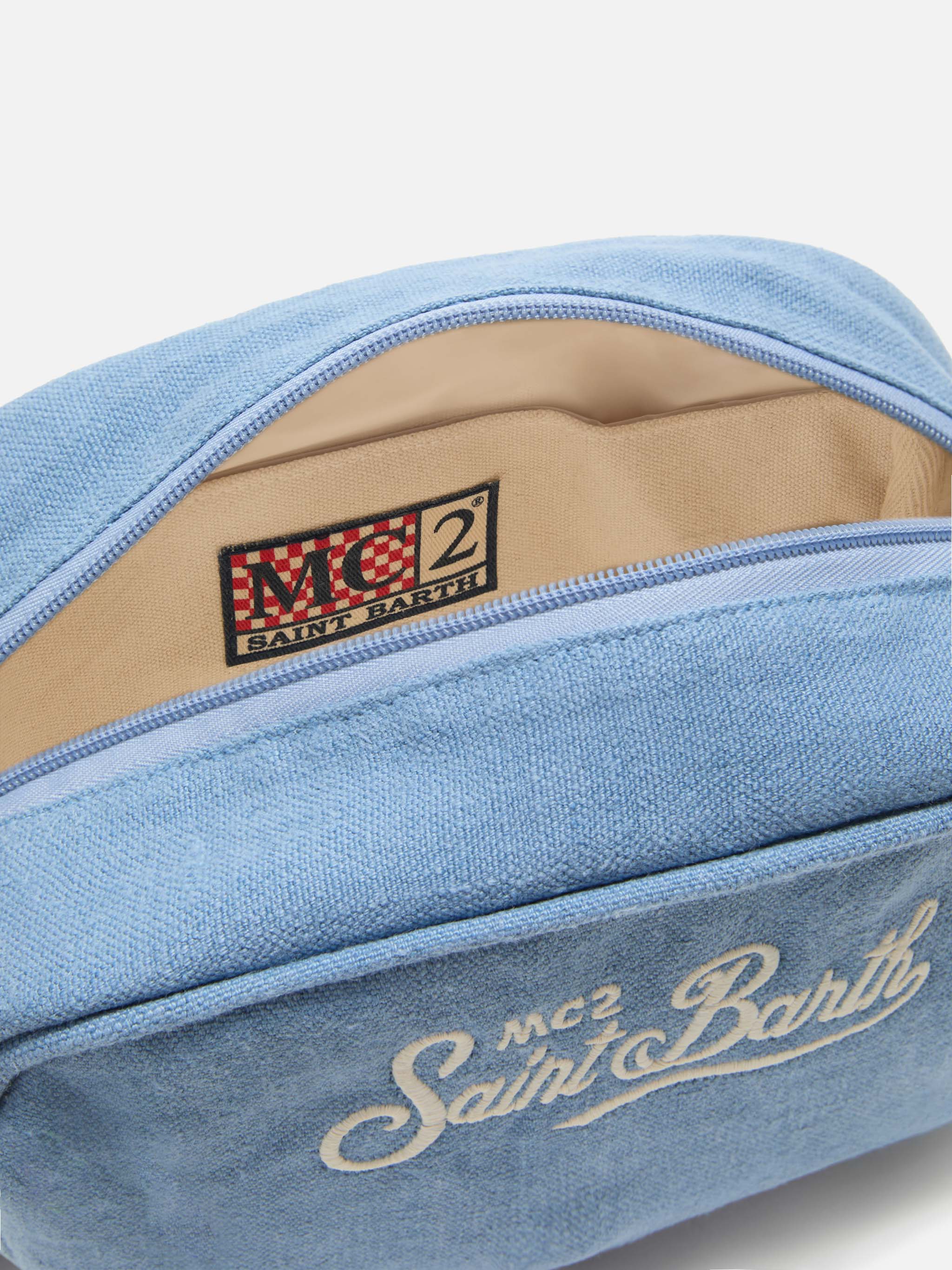 Beauty Bag Westwood in lino blu con logo ricamato - Image 4