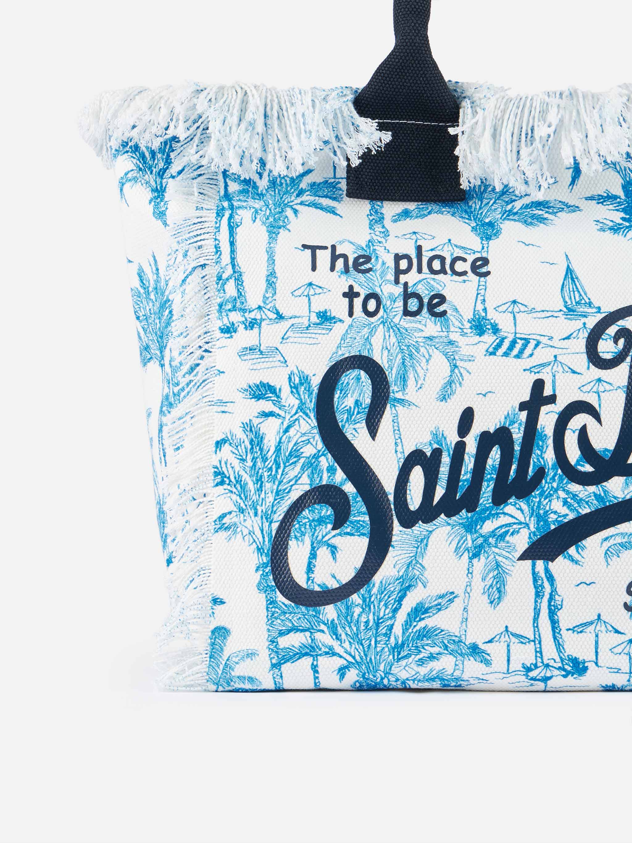 Borsa a spalla Vanity in canvas di cotone bluette con stampa toile de jouy - Image 3