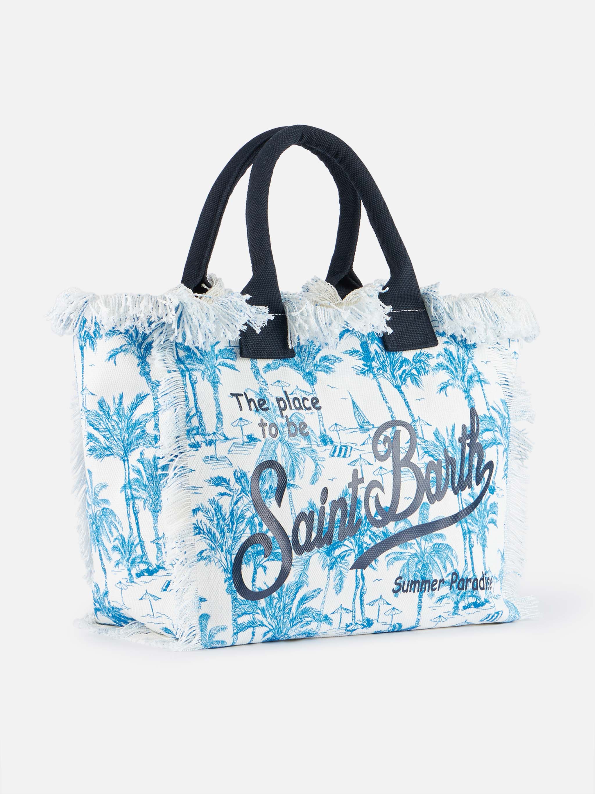 Borsa a spalla Vanity in canvas di cotone bluette con stampa toile de jouy - Image 4