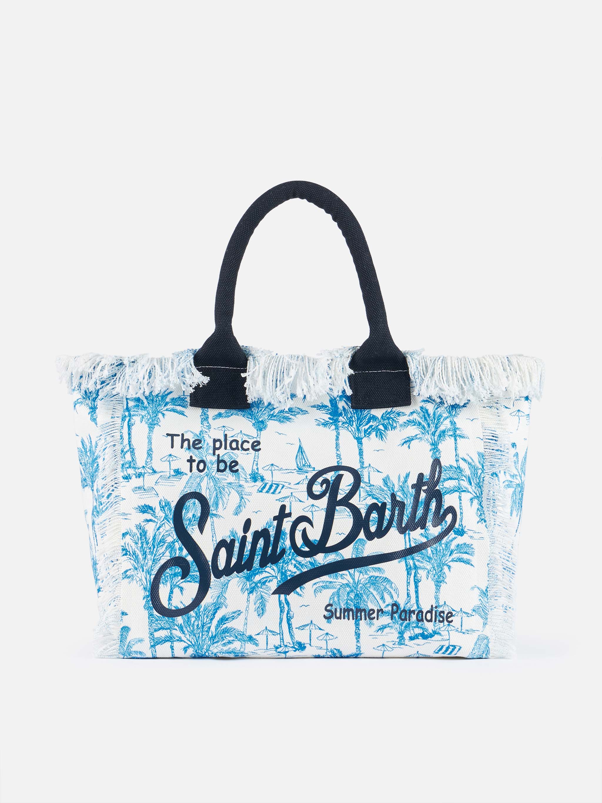 Borsa a spalla Vanity in canvas di cotone bluette con stampa toile de jouy - Image 5