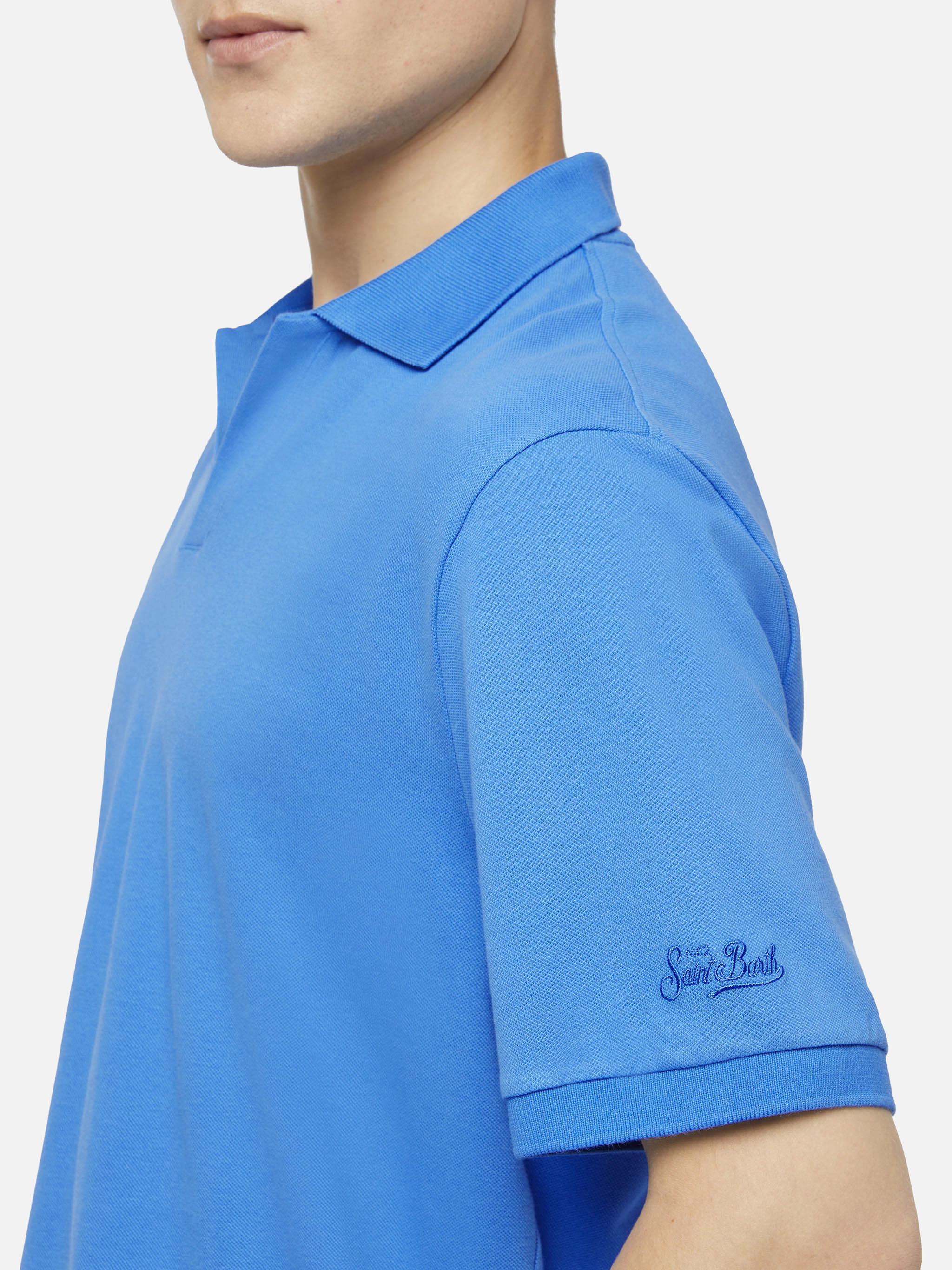 Polo Charles in piquet di cotone bluette senza bottoni - Image 2
