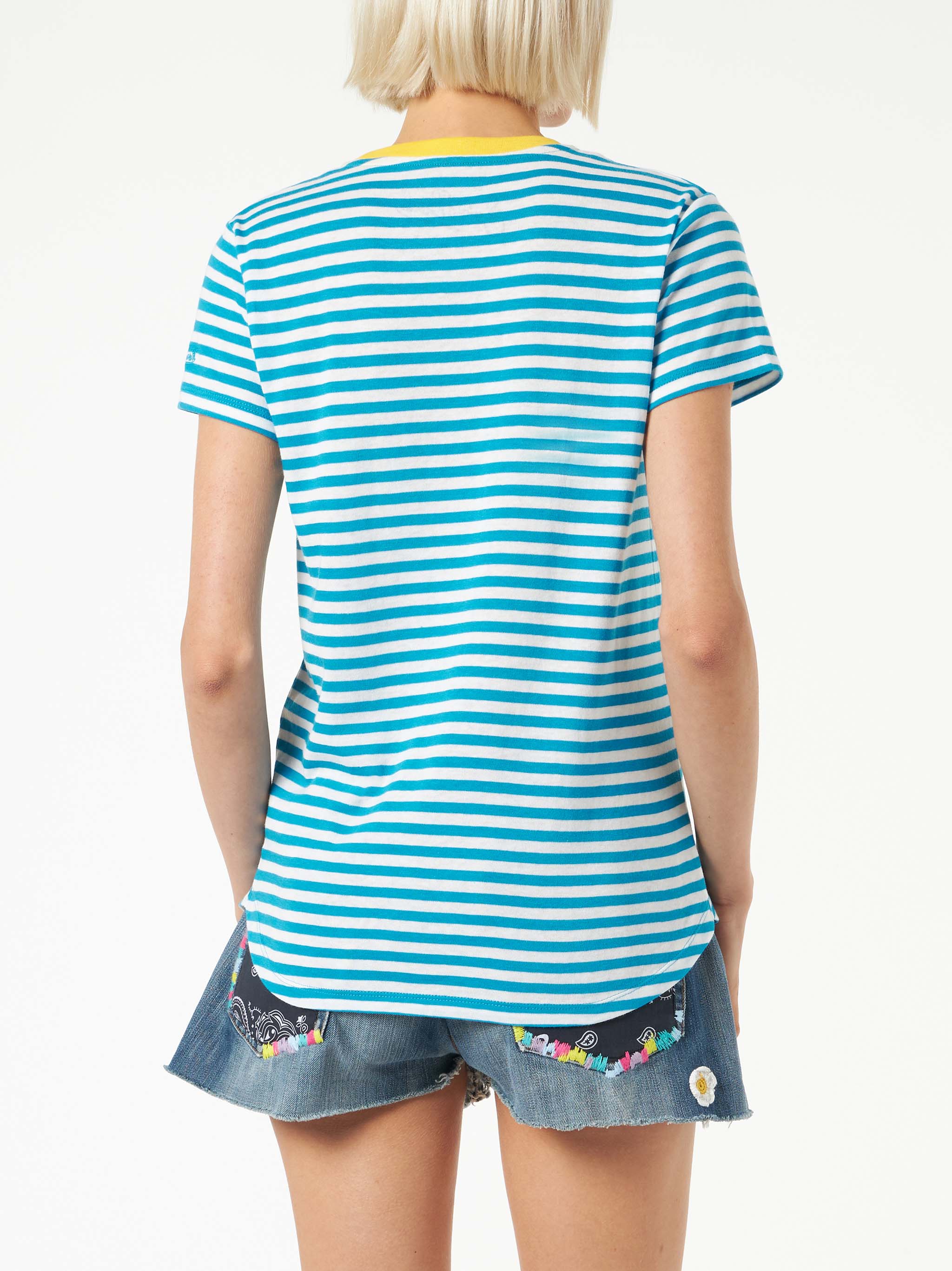 T-shirt in cotone bluette con ricamo Where is St. Barth?  - Image 3