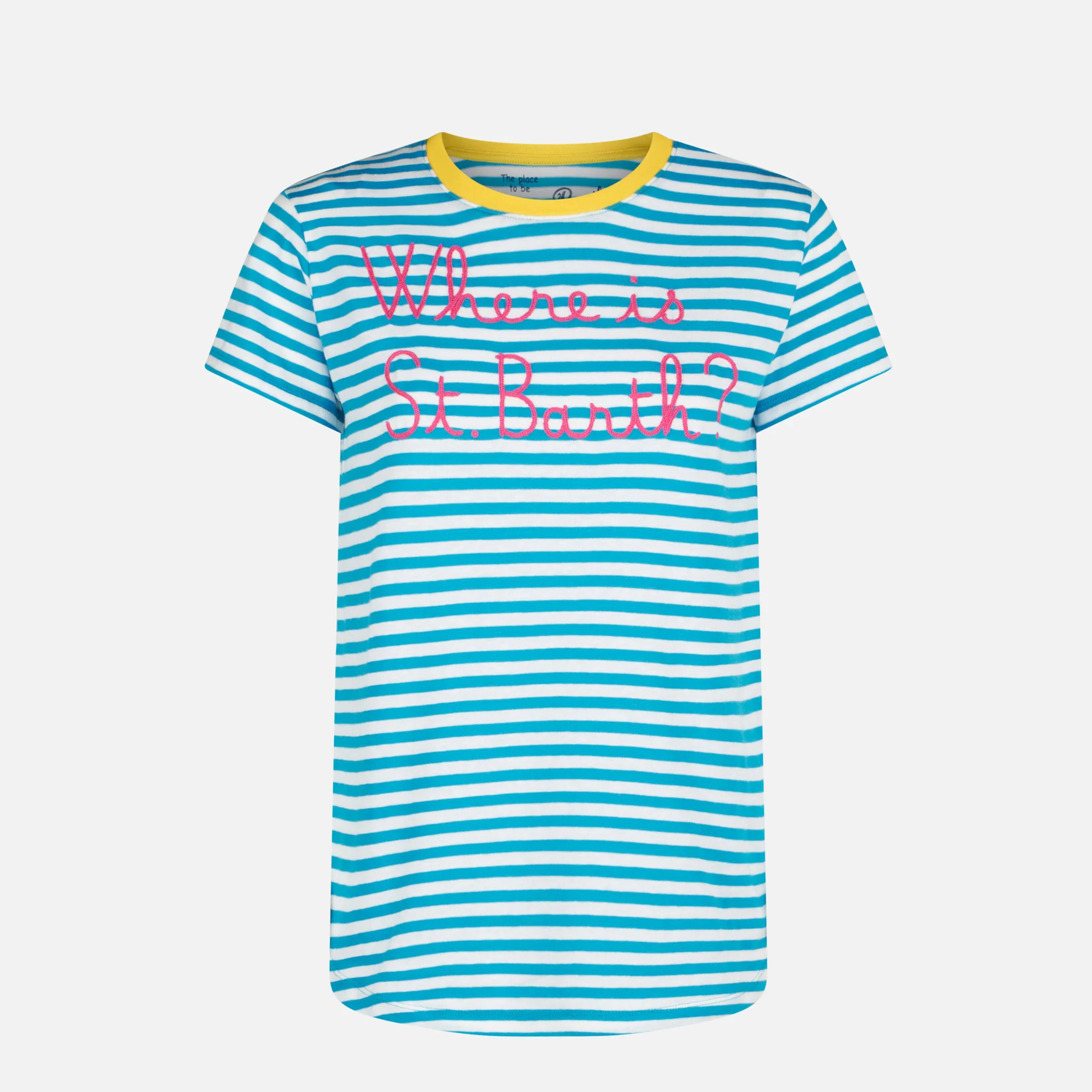 T-shirt in cotone bluette con ricamo Where is St. Barth?  - Image 4