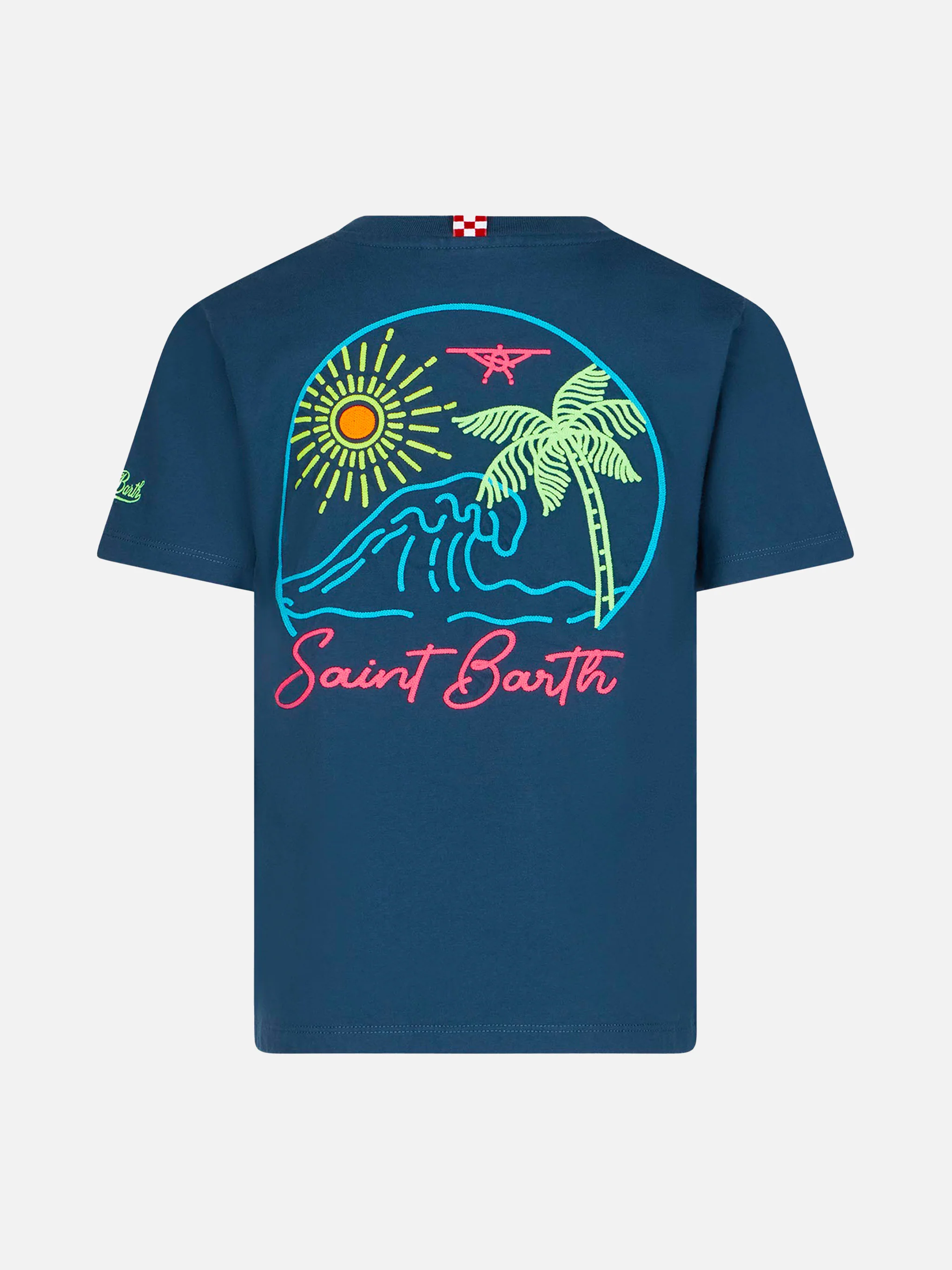 T-shirt blu da bambino in cotone con stampa St. Barth beach - Image 3