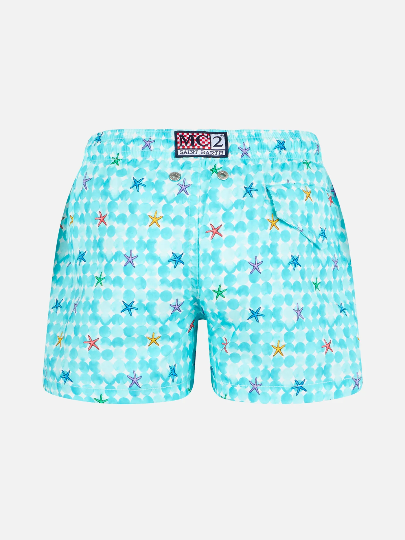 Costume da bagno da bambino azzurro con stampa stelle marine e tessuto comfort - Image 2