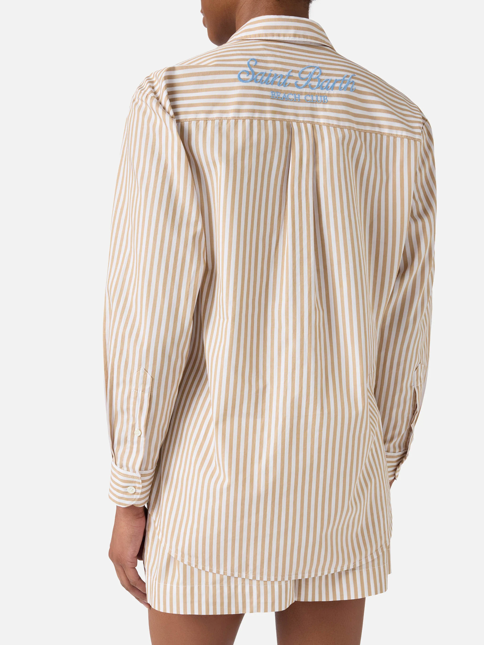 Camicia Brigitte in cotone a righe beige con ricamo Sport Club - Image 4