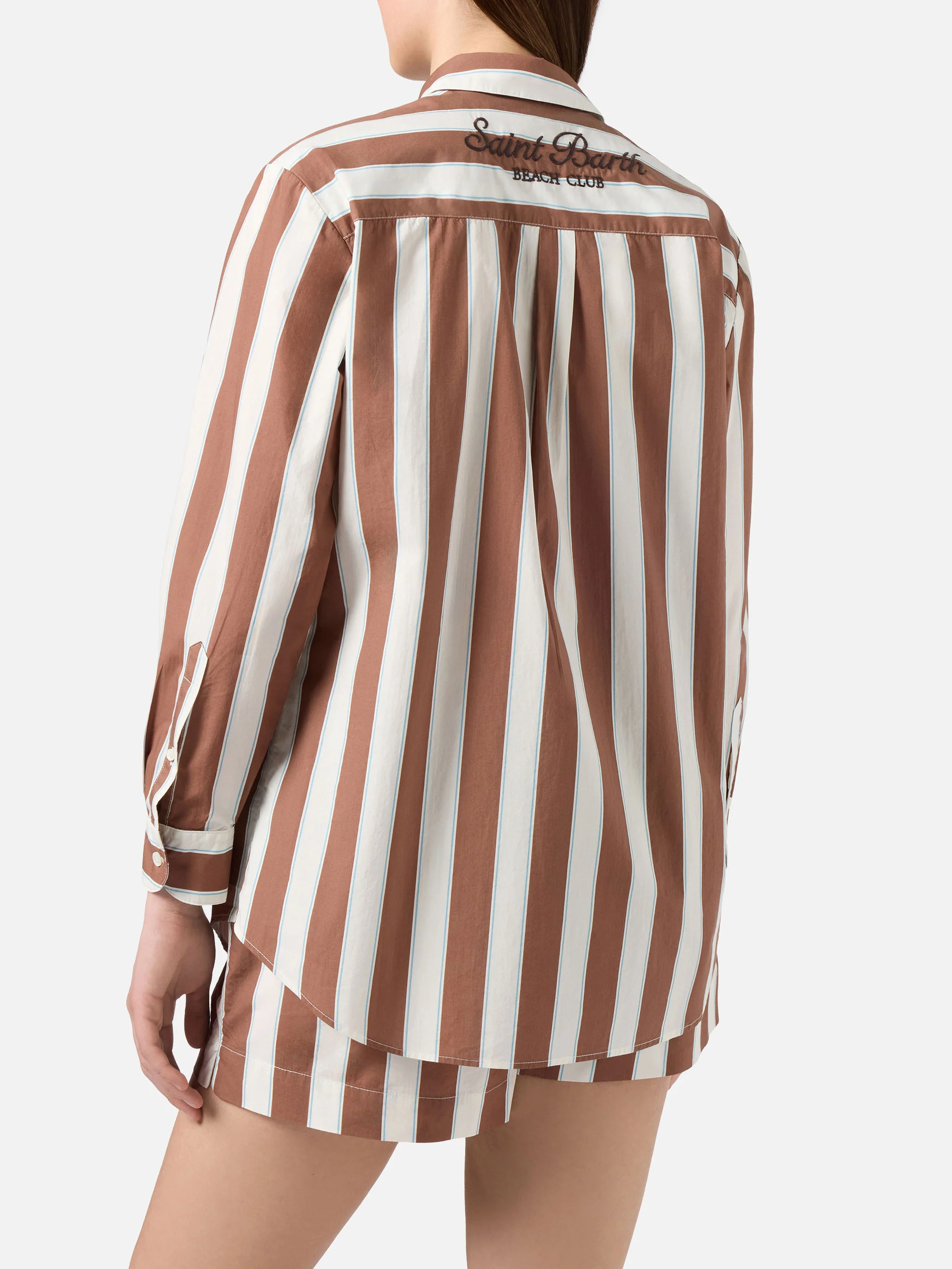 Camicia Brigitte in cotone a righe marroni con ricamo Sport Club - Image 3