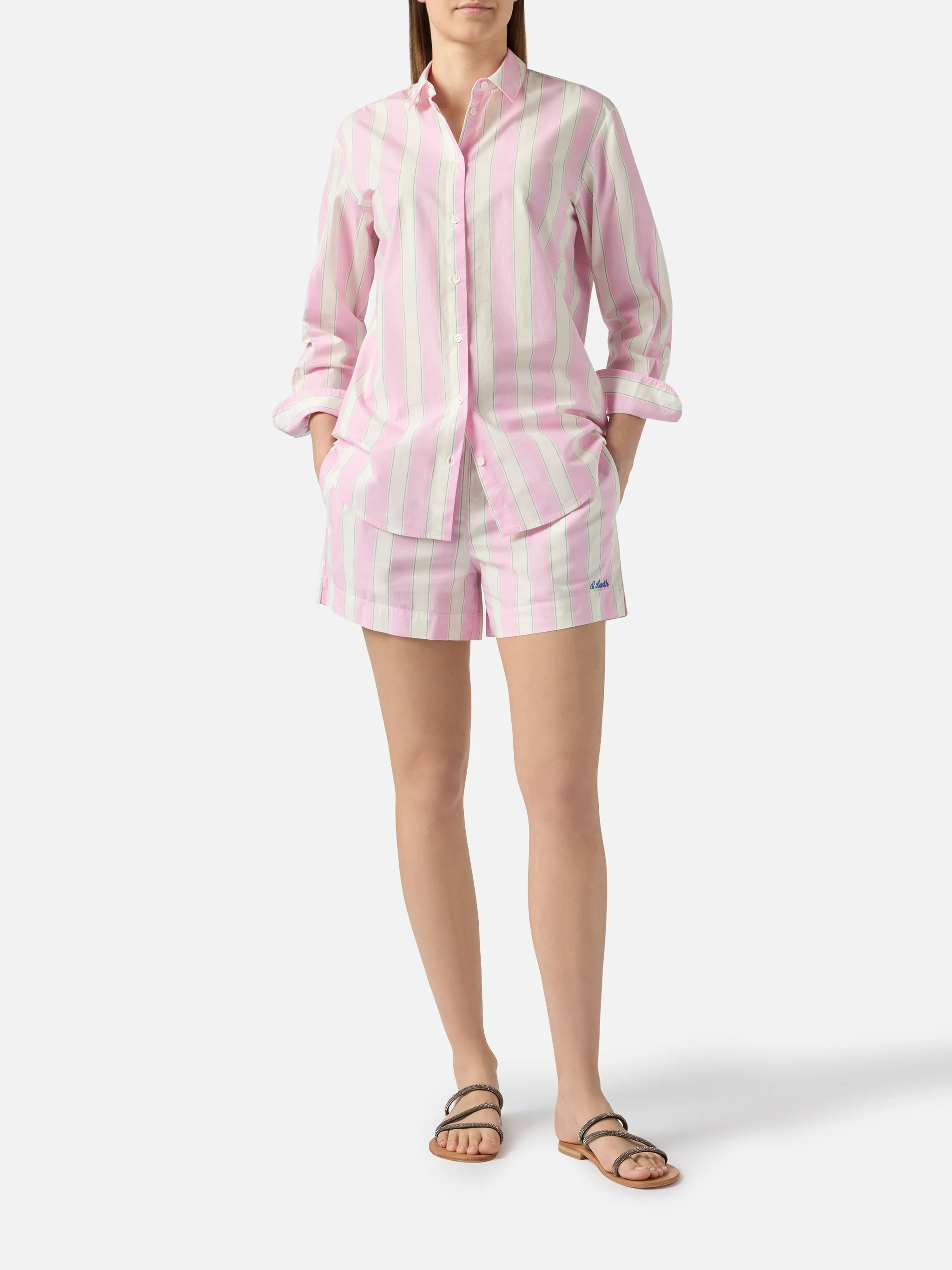 Camicia Brigitte in cotone a righe rosa con ricamo Sport Club - Image 5
