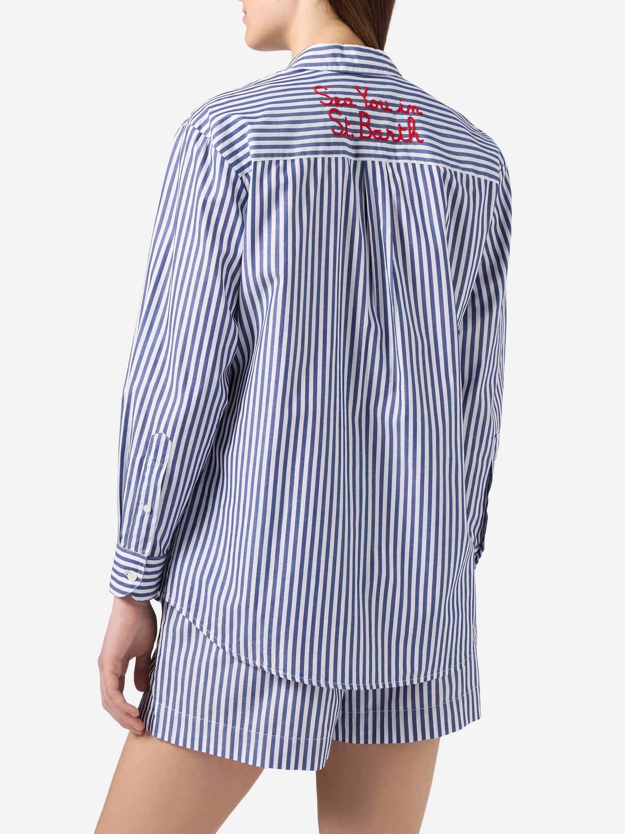 Camicia Brigitte a righe blu con ricamo See You In Saint Barth - Image 3