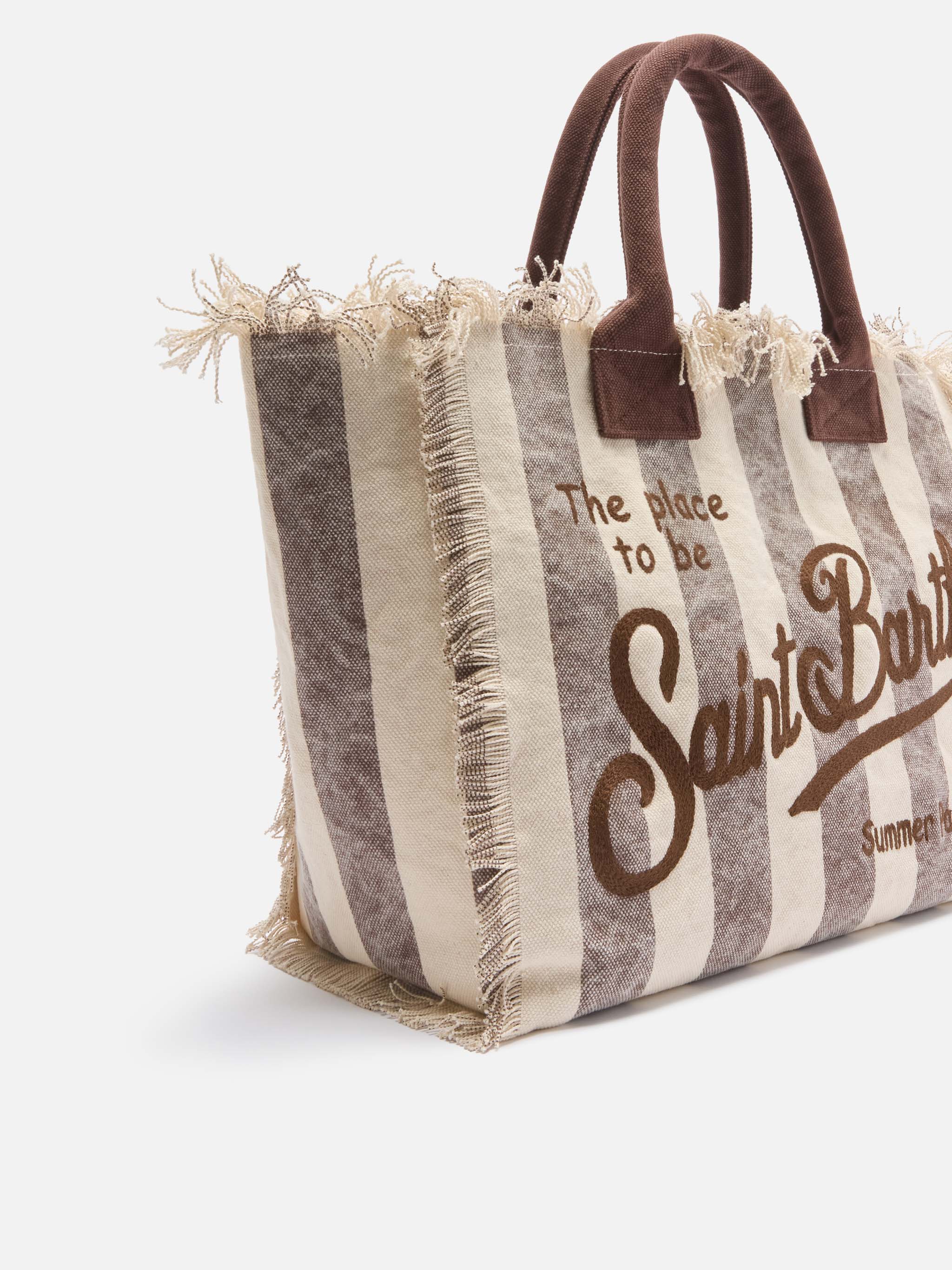 Borsa Vanity regular in canvas a righe verticali marrone - Image 3