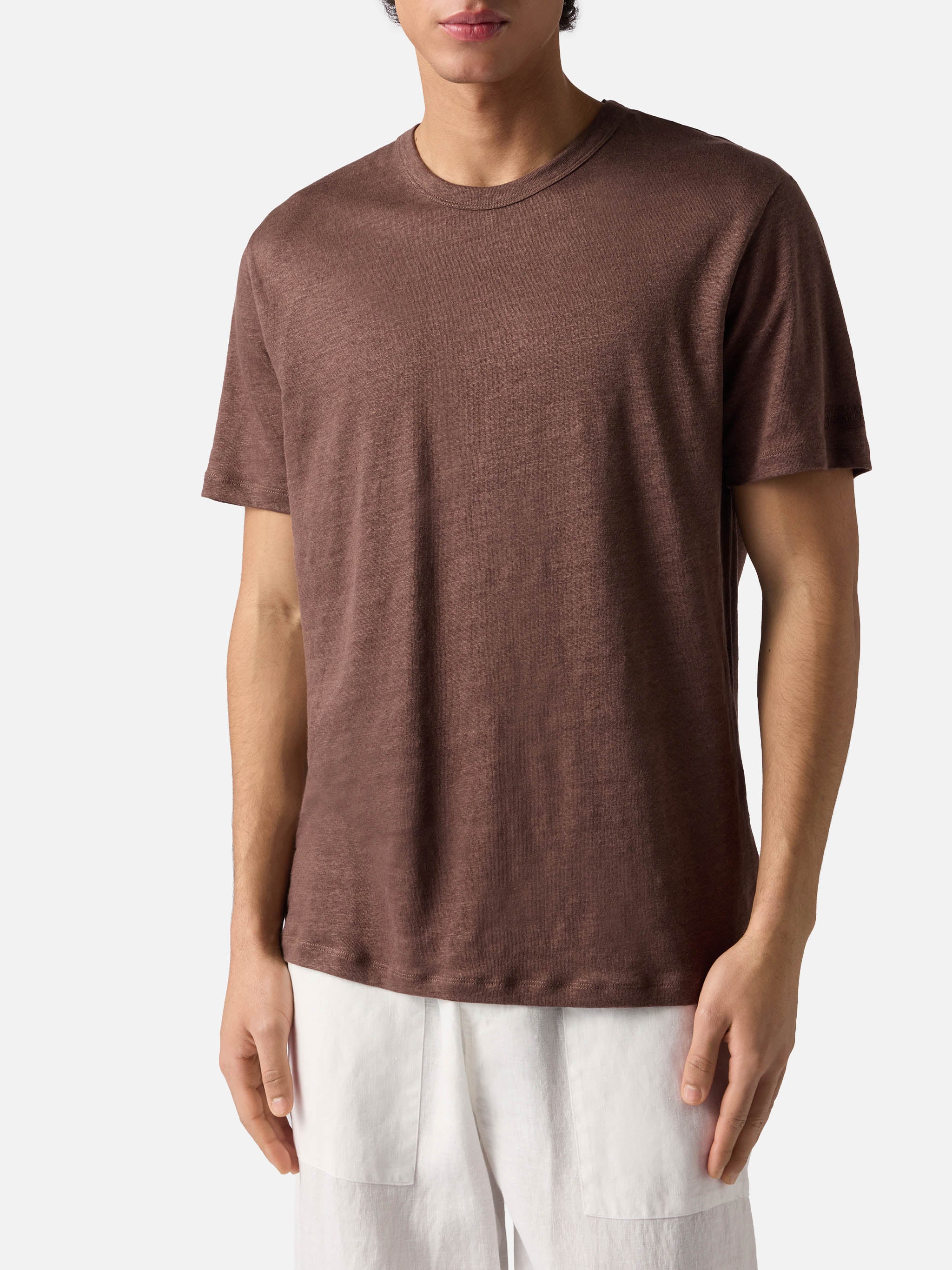 T-shirt Ecstasea in puro lino marrone con logo ricamato - Image 2