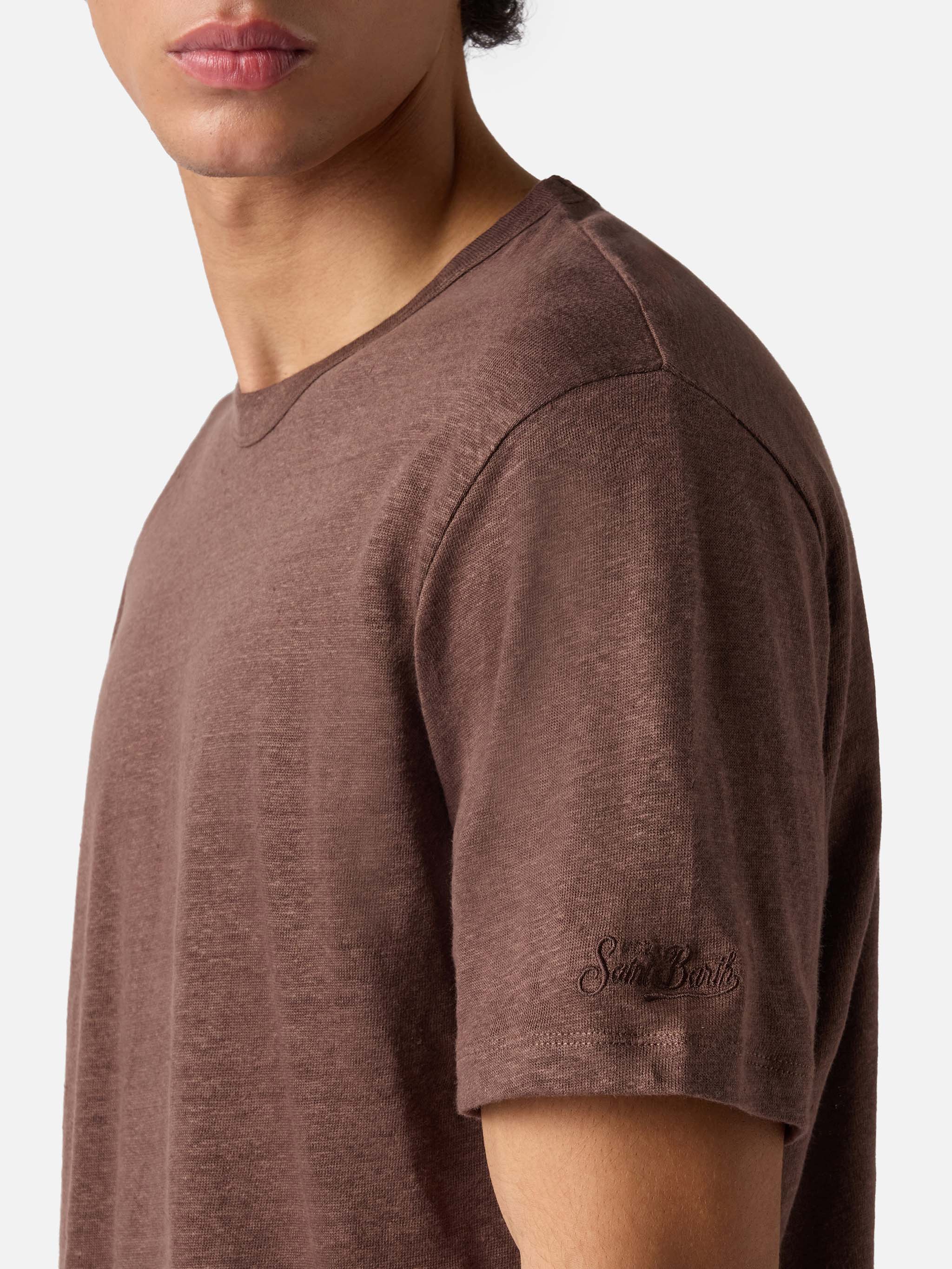 T-shirt Ecstasea in puro lino marrone con logo ricamato - Image 3