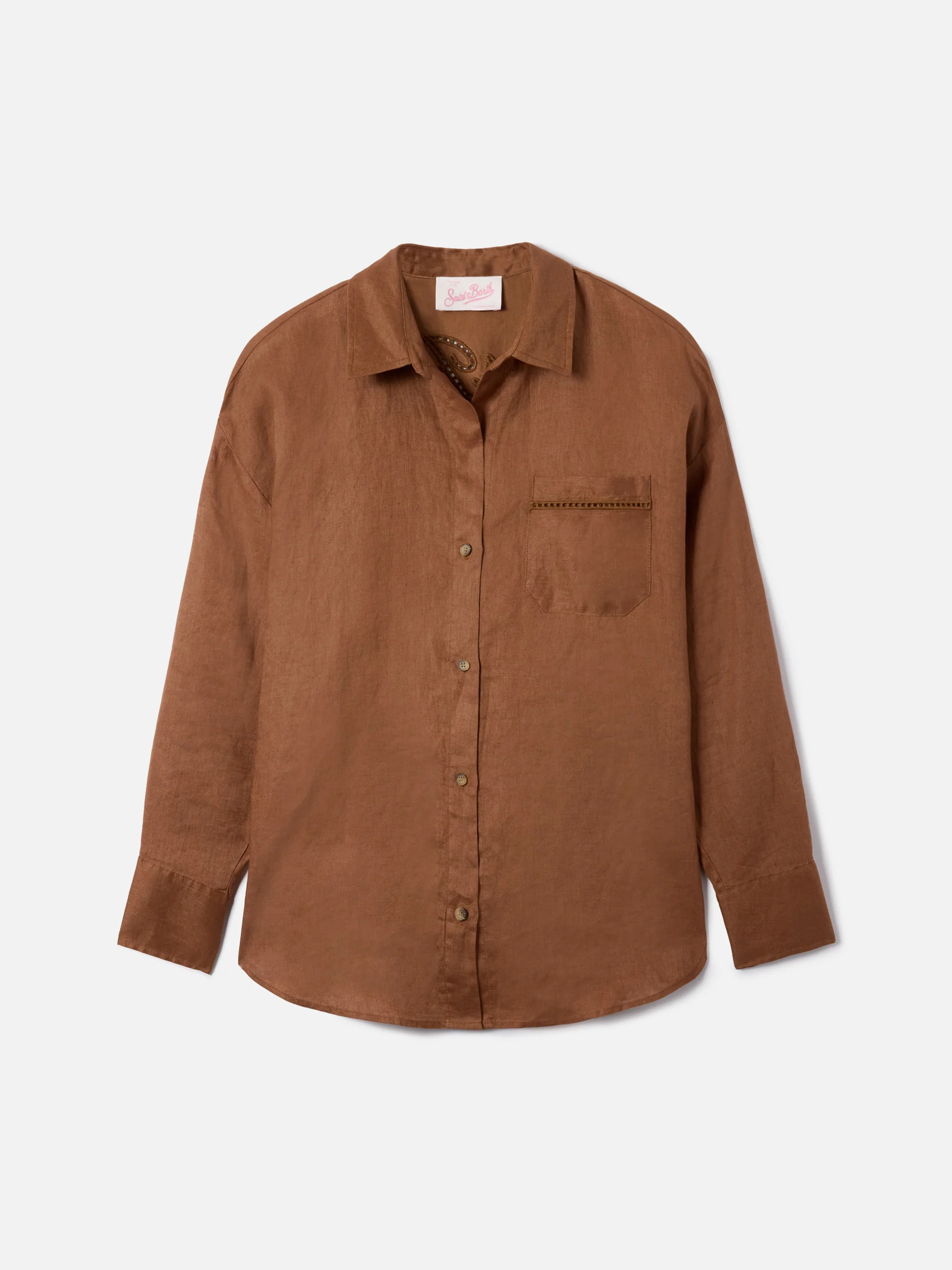 Camicia Cristal in lino marrone con ricamo Saint Barth traforato - Image 5