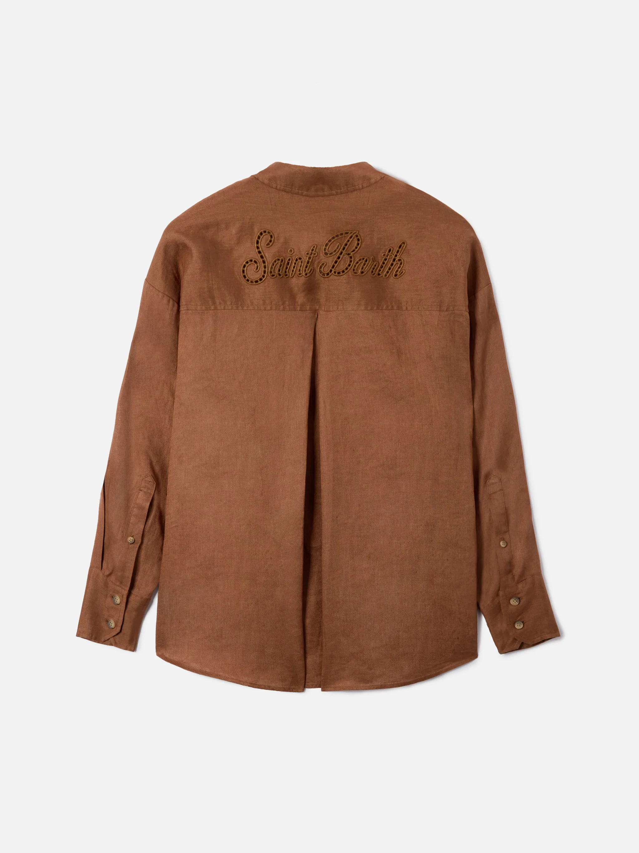 Camicia Cristal in lino marrone con ricamo Saint Barth traforato - Image 6