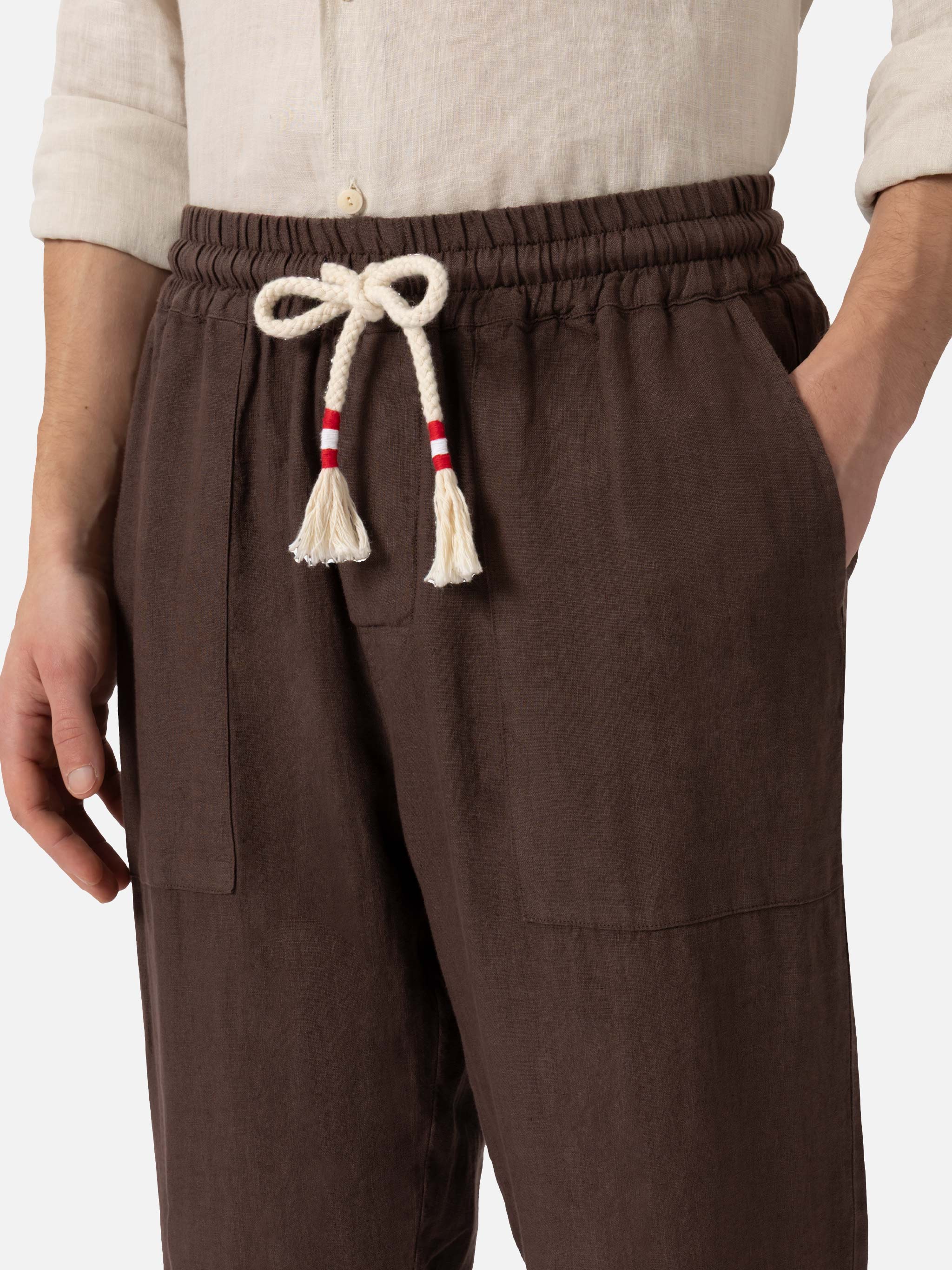 Pantaloni in lino marroni Calais con coulisse - Image 3