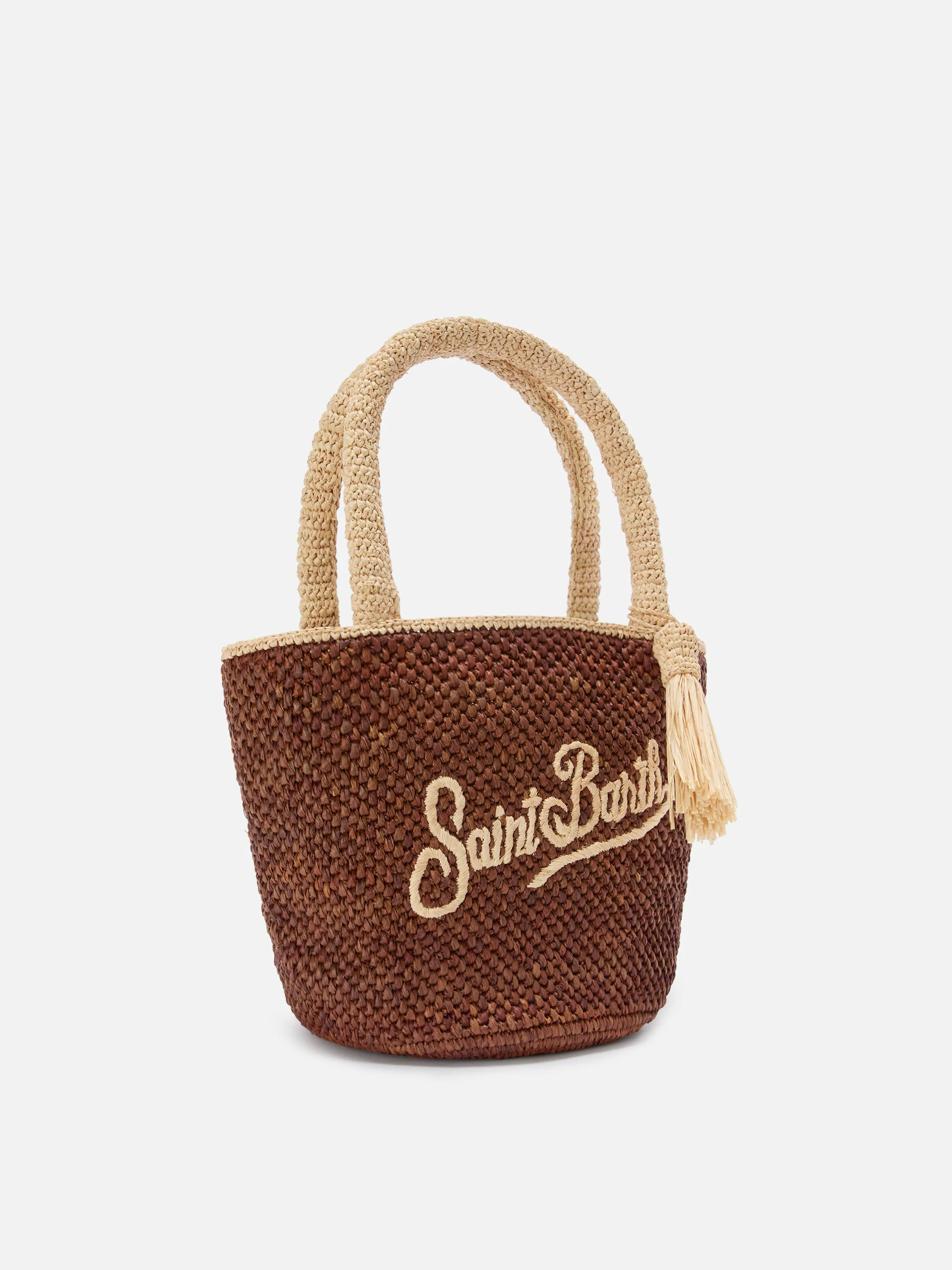 Borsa Marcy in raffia marrone con nappetta e logo ricamato - Image 3