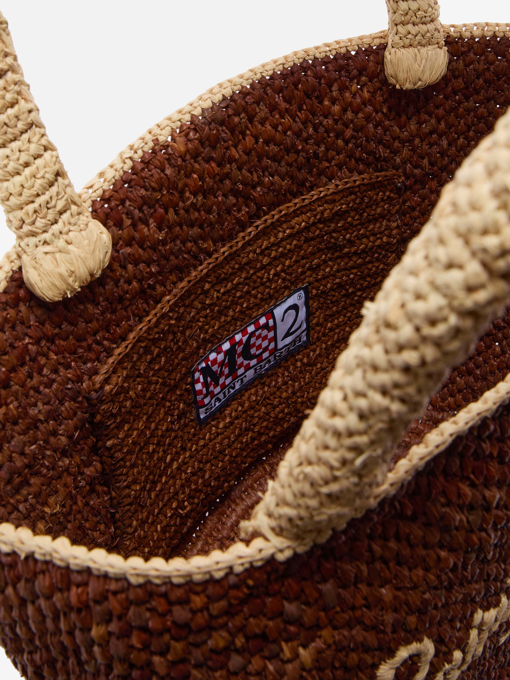 Borsa Marcy in raffia marrone con nappetta e logo ricamato - Image 5