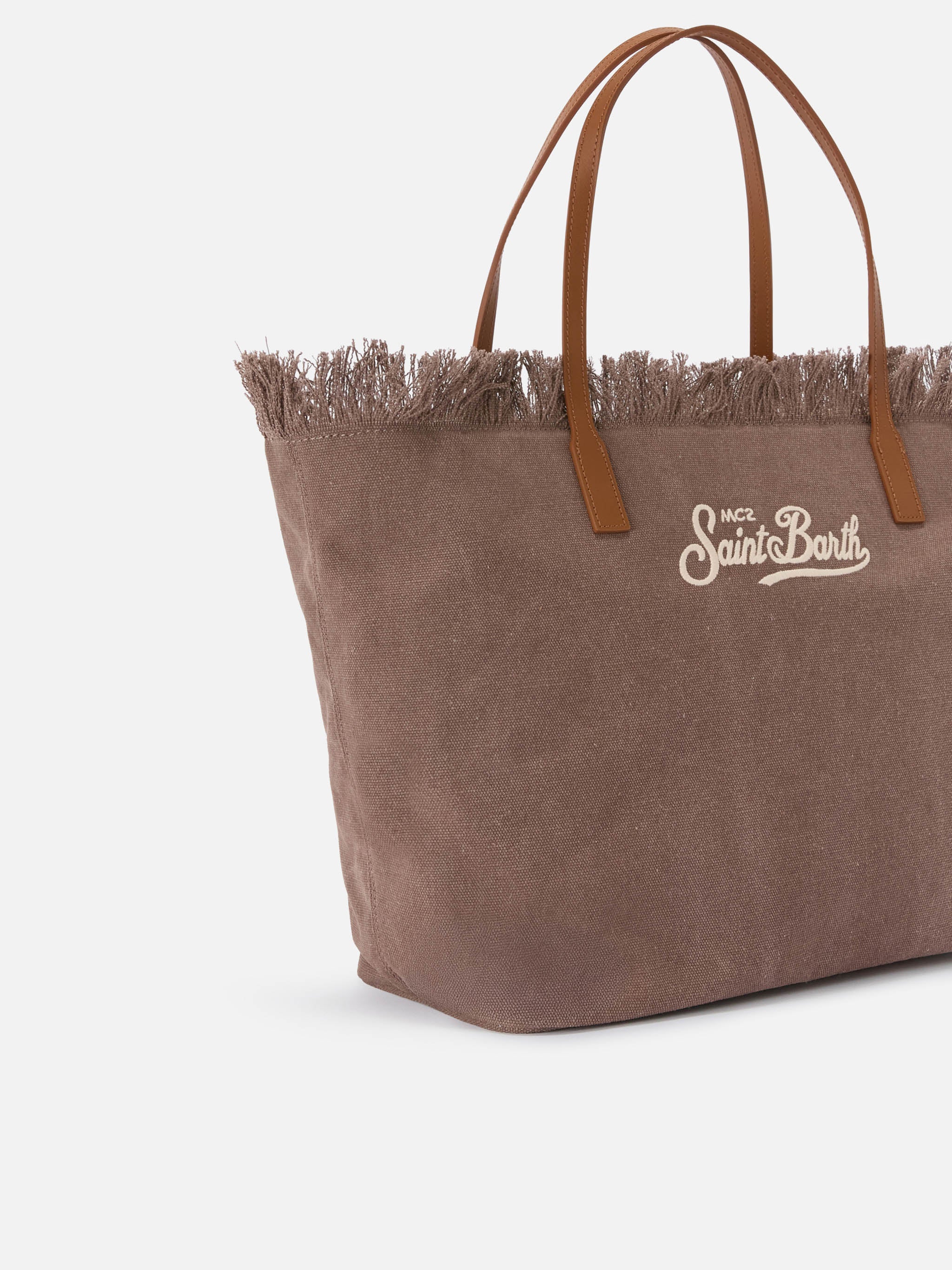 Borsa City regular in canvas marrone con frange - Image 3
