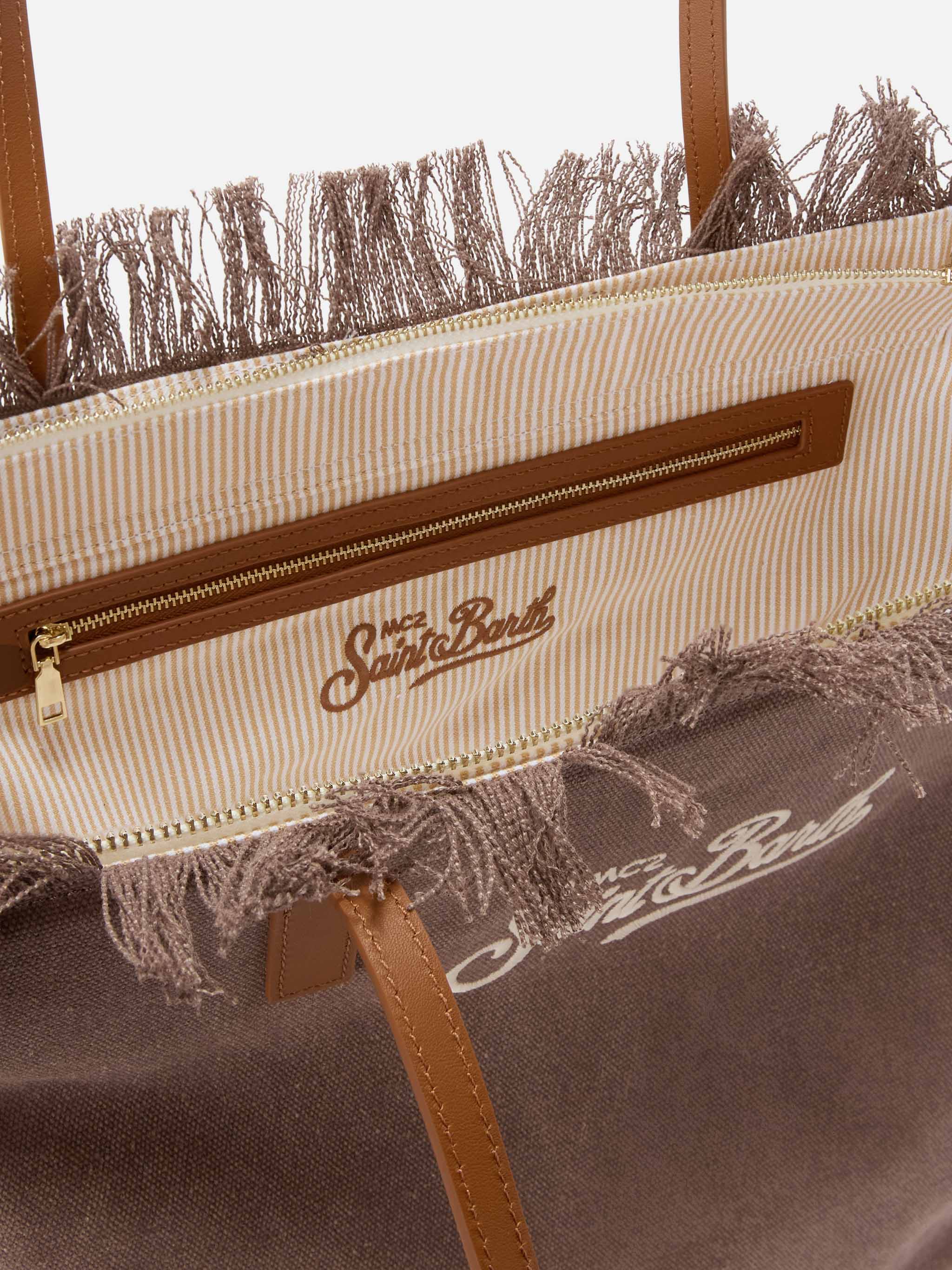 Borsa City regular in canvas marrone con frange - Image 5