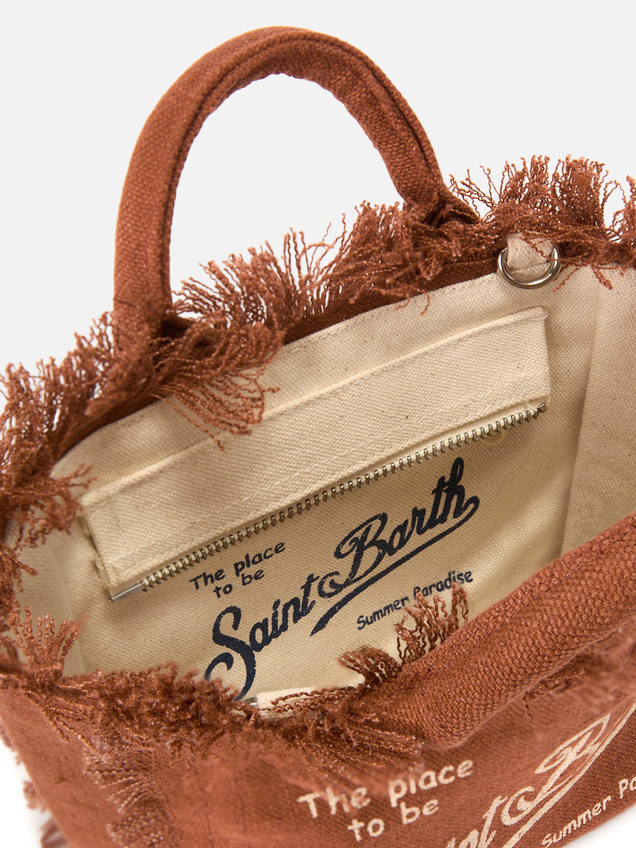 Borsa Vanity mini in lino marrone tinta unita con tracolla removibile - Image 4