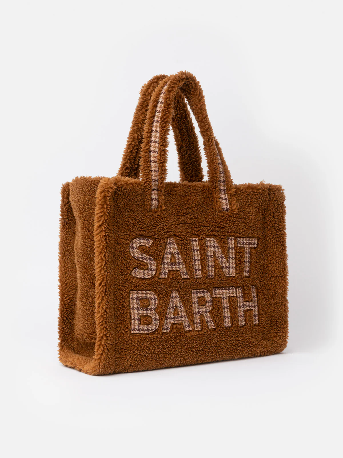 Borsa morbida in peluche marrone con logo a scacchi Saint Barth - Image 3