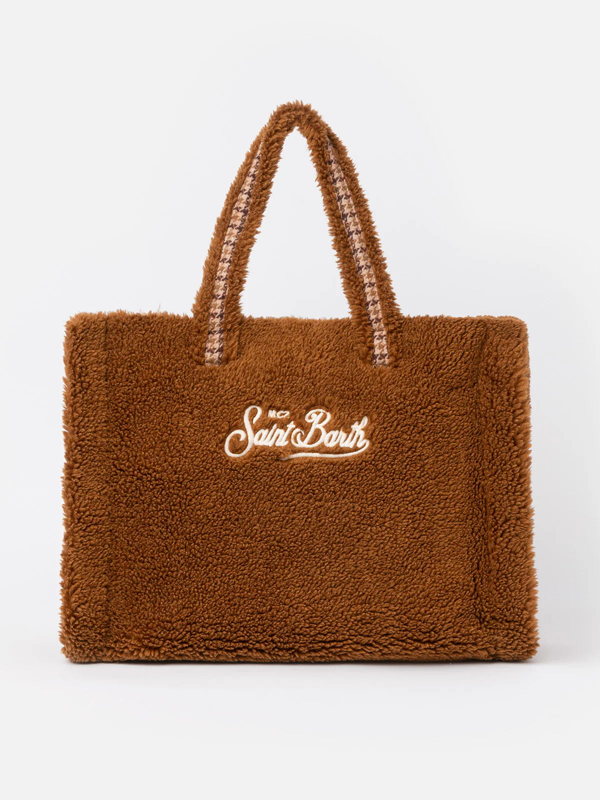 Borsa morbida in peluche marrone con logo a scacchi Saint Barth - Image 4