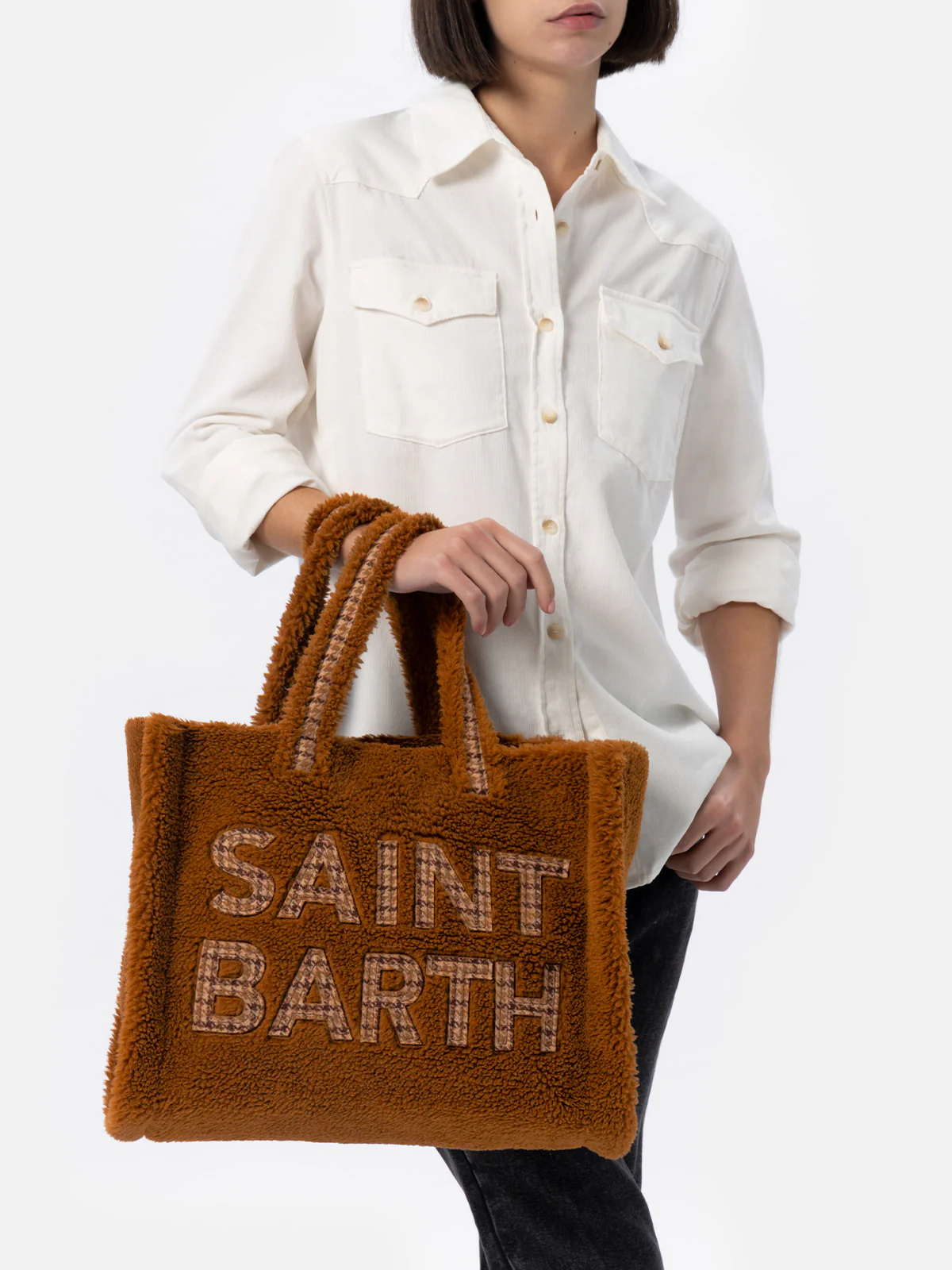 Borsa morbida in peluche marrone con logo a scacchi Saint Barth - Image 6