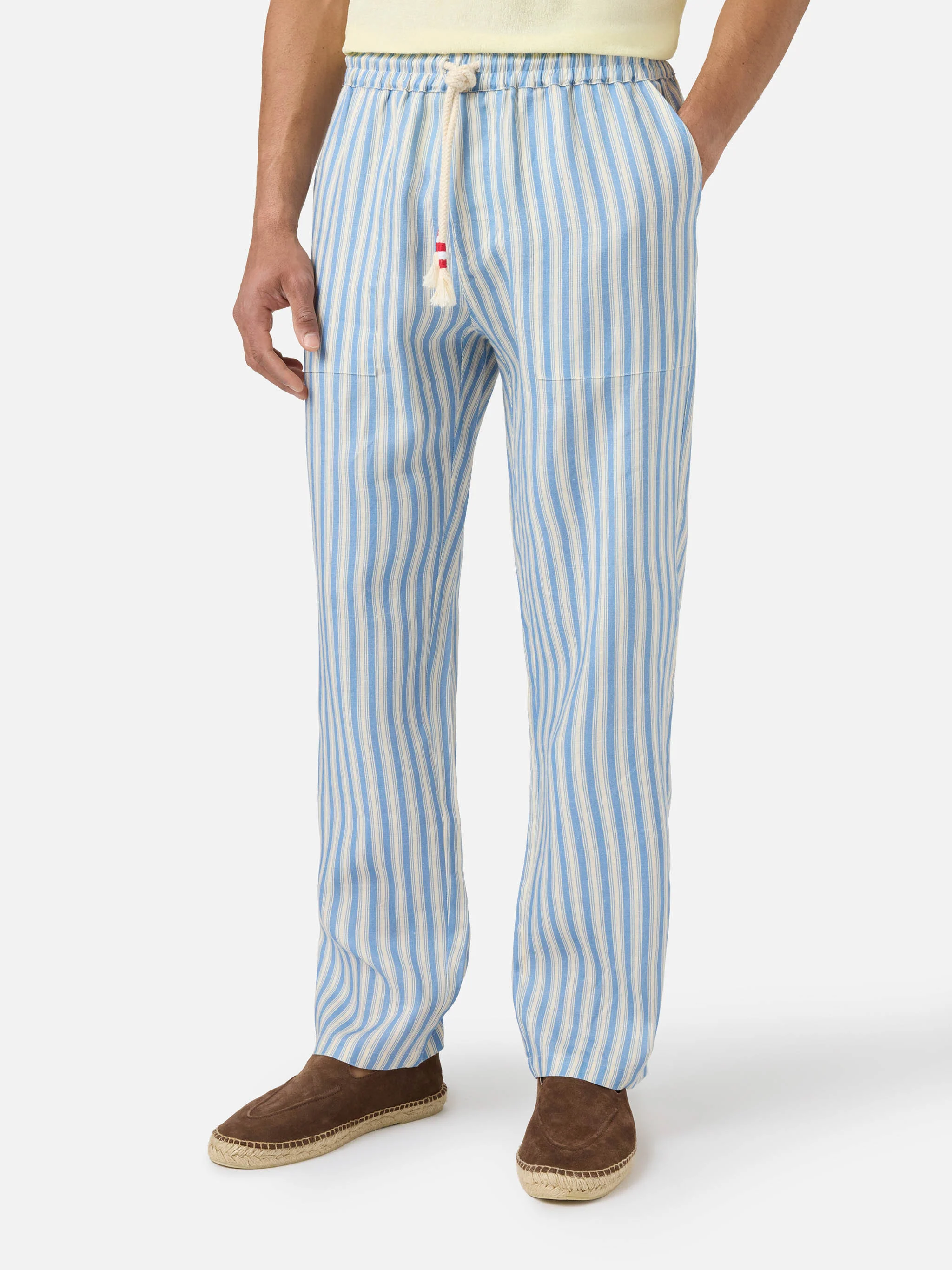Pantalone Calais lungo in puro lino a righe panna e azzurro - Image 2