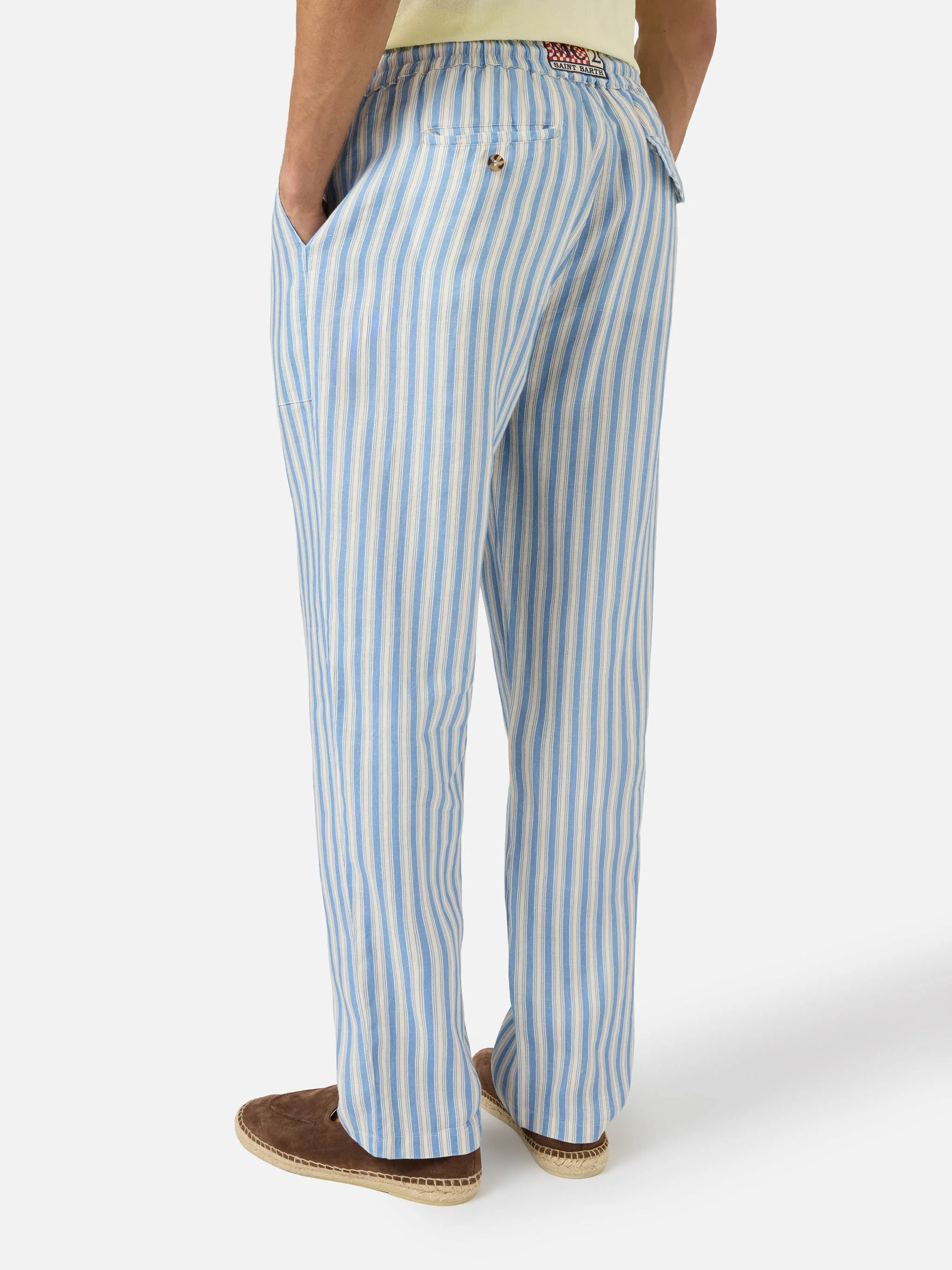Pantalone Calais lungo in puro lino a righe panna e azzurro - Image 4