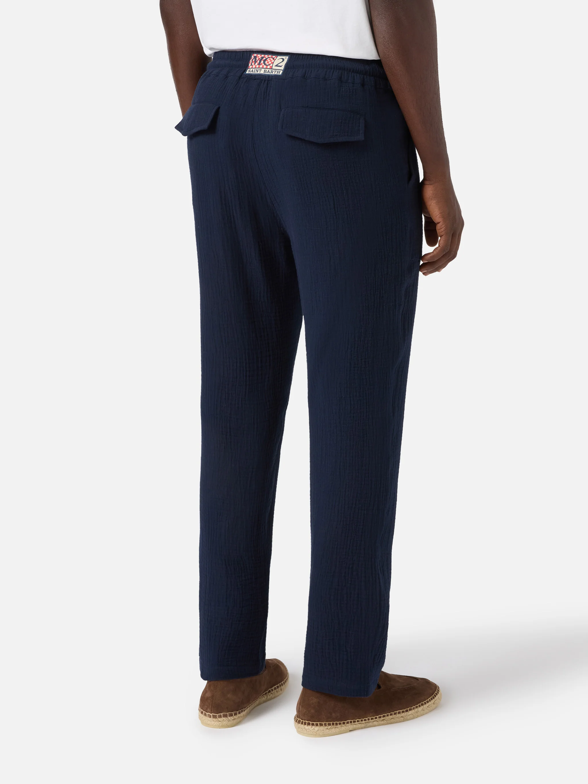 Pantalone Calais lungo in garza di puro cotone blu navy - Image 2
