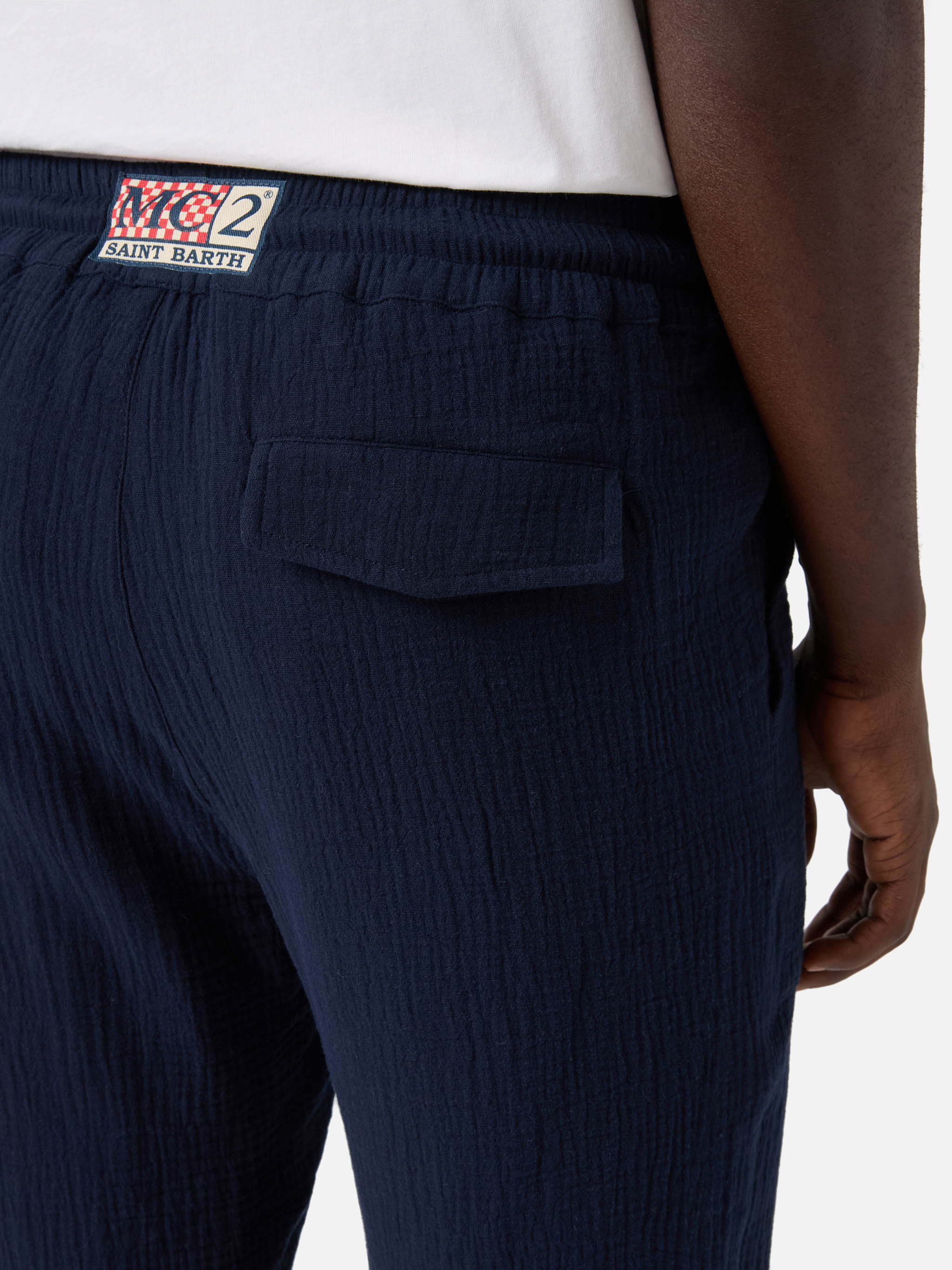 Pantalone Calais lungo in garza di puro cotone blu navy - Image 3