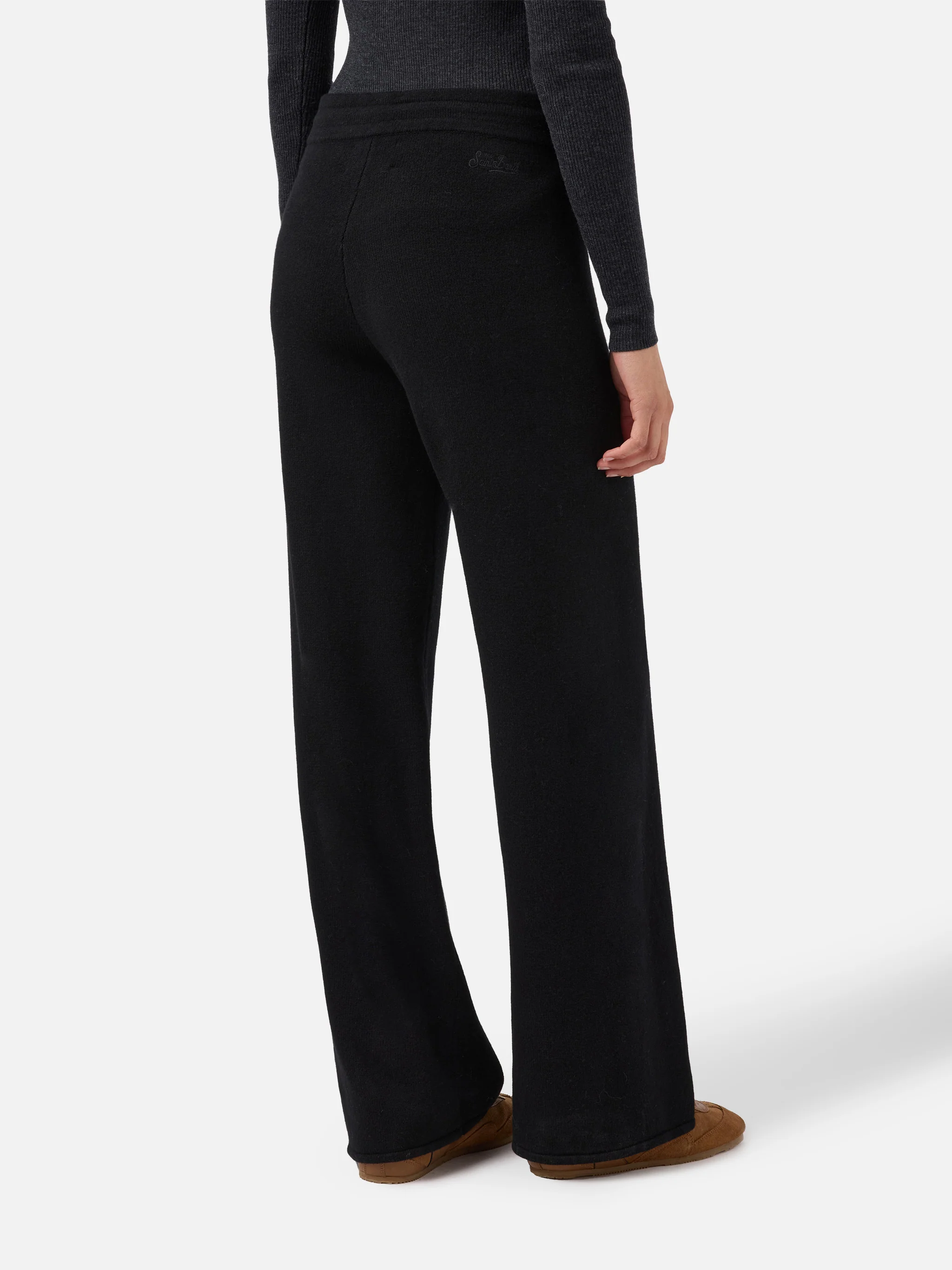 Pantaloni palazzo Cambon in pura lana neri a vita alta con coulisse - Image 3