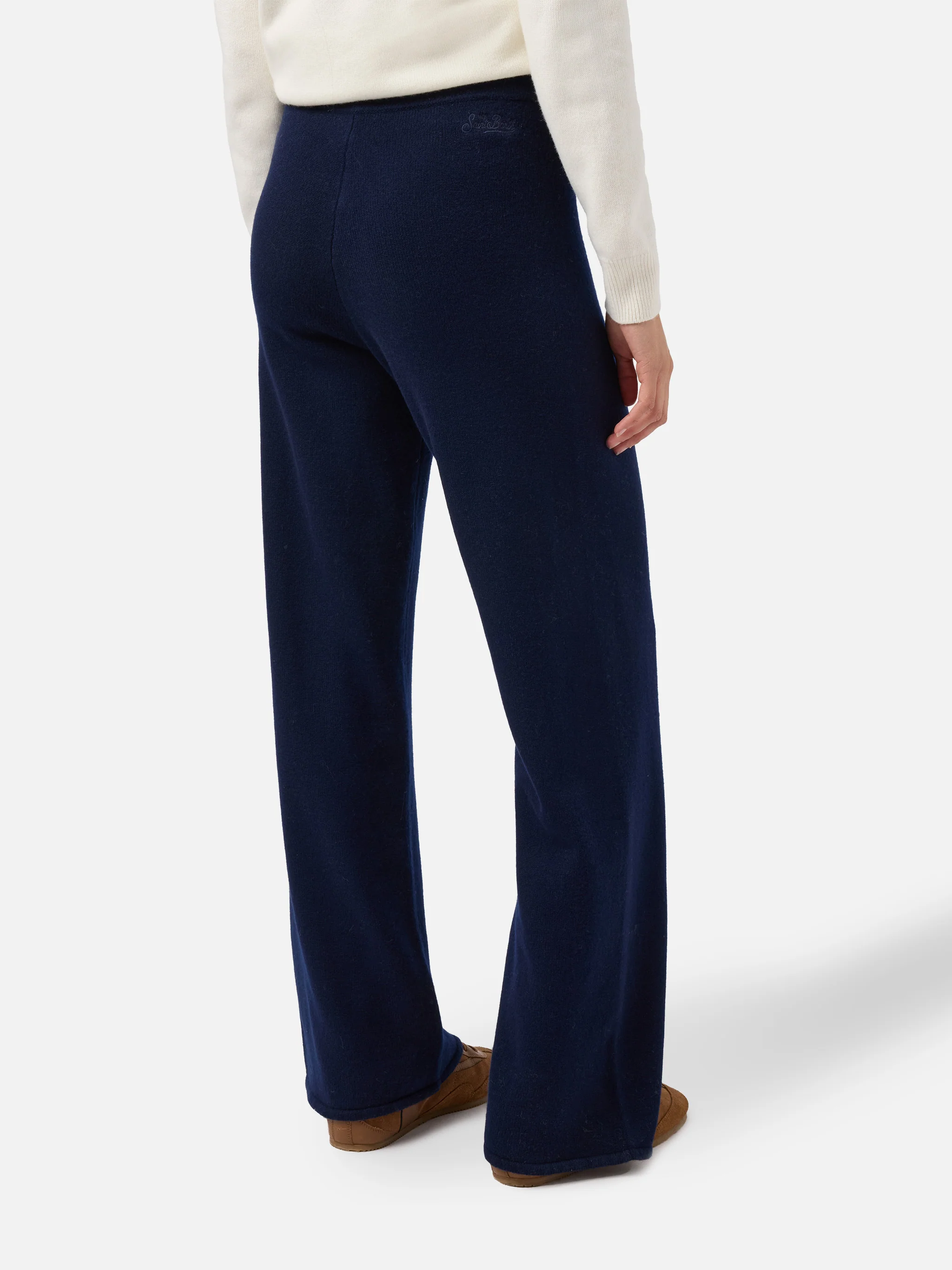 Pantaloni palazzo Cambon in pura lana blu notte a vita alta con coulisse - Image 3
